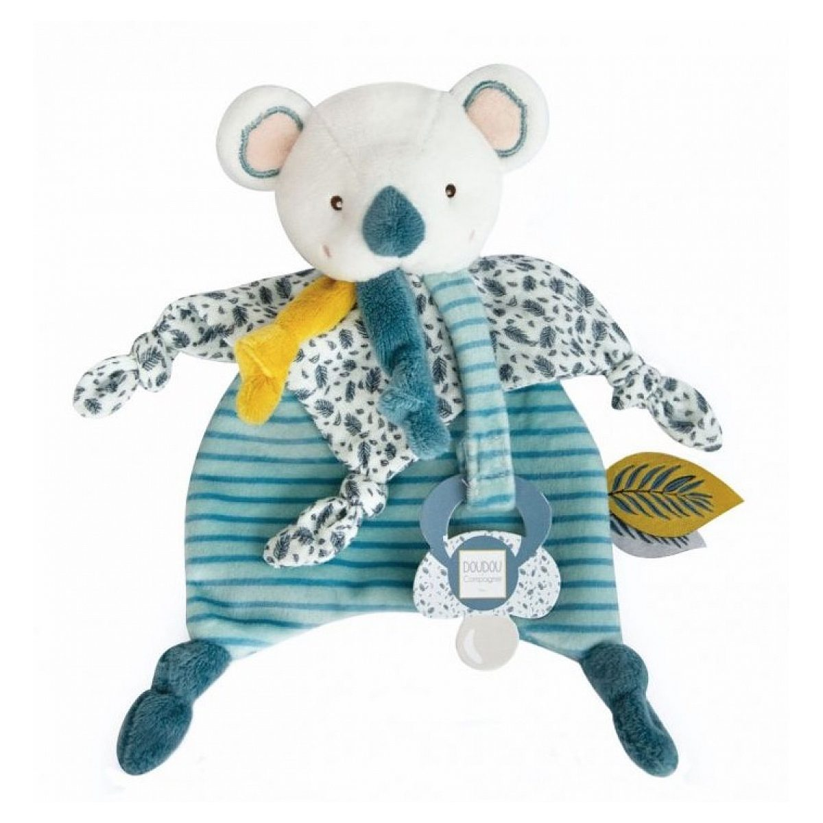 Ein weiß-blaues Koala-Schmusetuch mit bunten Stofflaschen und einem blauen Beißring auf weißem Hintergrund.