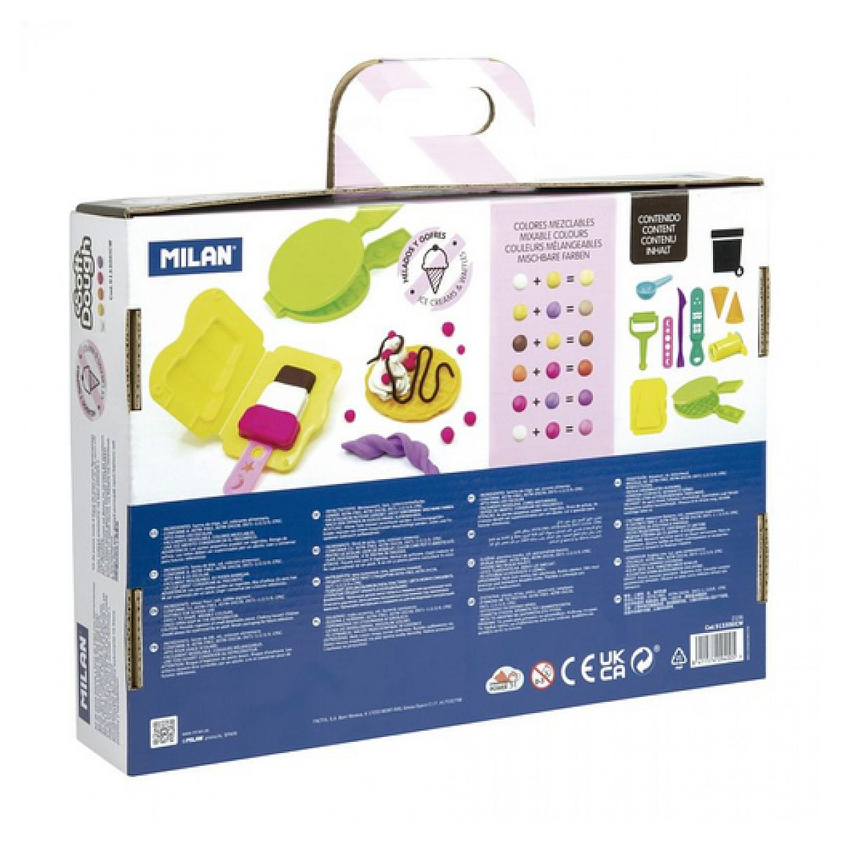 Die Rückseite einer Milan Spielzeugbox zeigt Knete, Formen und Anleitungen für Eiscreme-Motive.