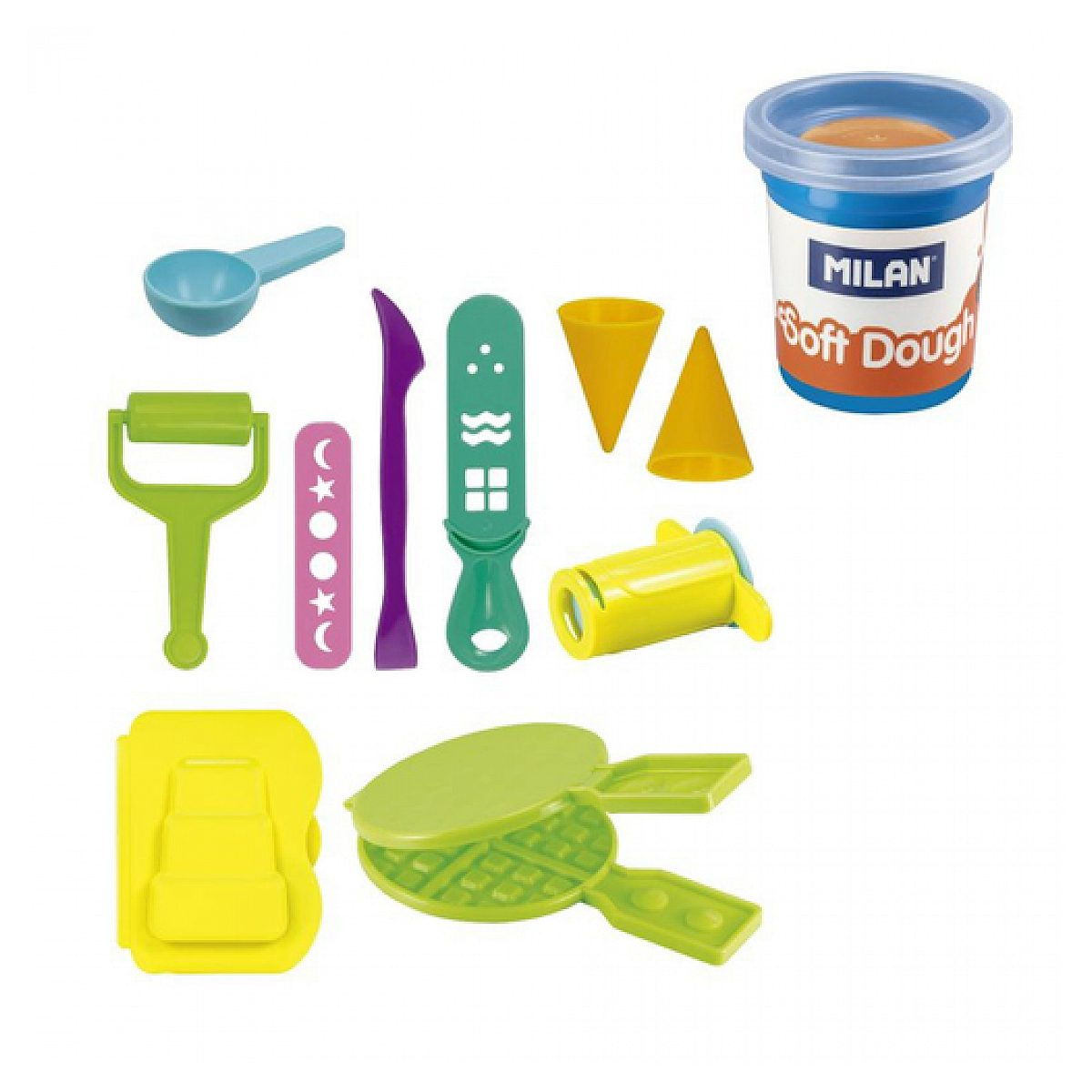 Ein Set aus bunten Plastik-Knetwerkzeugen und einer Dose Milan Soft Dough auf weißem Hintergrund.