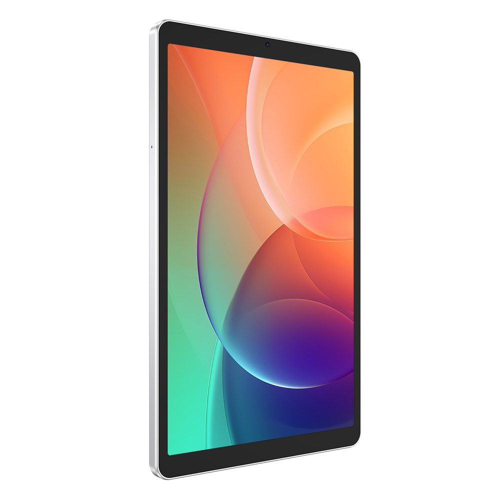 Srebrny tablet z kolorowymi wzorami fal na ekranie.