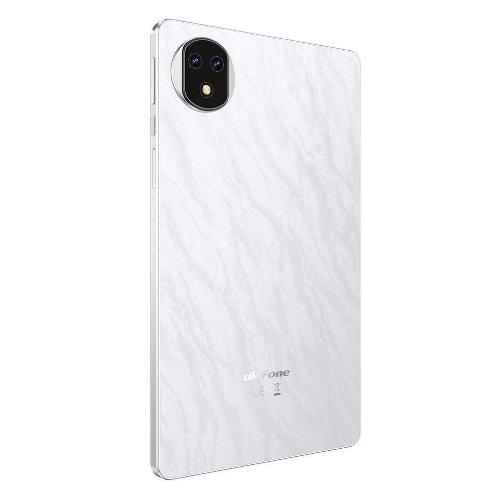Biały tablet Ulefone z marmurkowym wzorem przedstawia podwójny aparat i logo z tyłu.