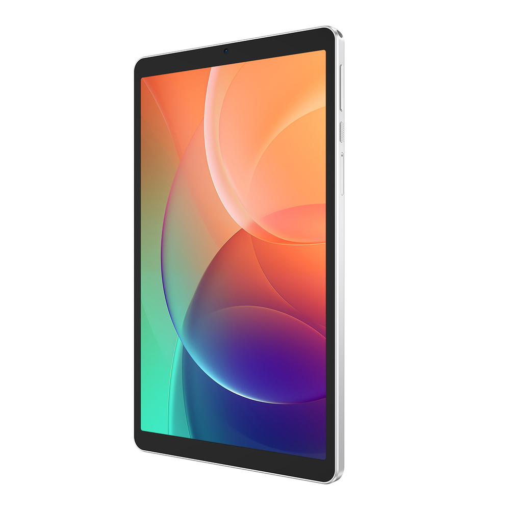 Biały tablet wyświetla kolorowy, abstrakcyjny ekran na białym tle.