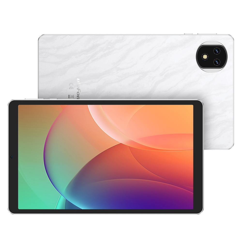 Biały tablet z marmurowym wzorem z tyłu i kolorowym ekranem z przodu na białym tle.