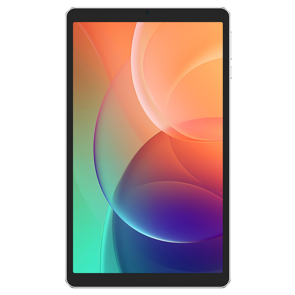 Tablet z kolorowym, abstrakcyjnym tłem w odcieniach pomarańczu, fioletu i zieleni na ekranie.