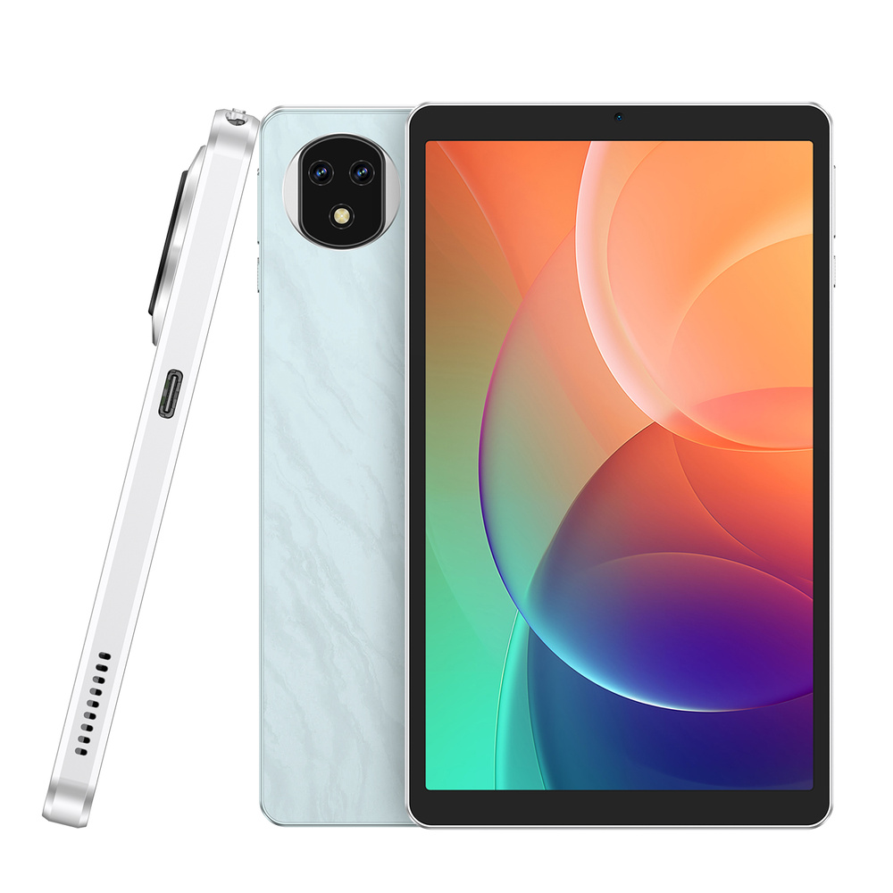 Jasnoniebieski tablet z okrągłym modułem aparatu, kolorowym ekranem i widokiem z boku.