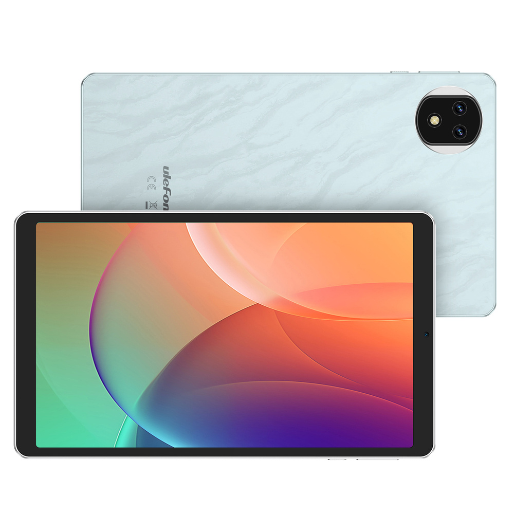 Biały tablet w marmurkowy wzór z tylnym aparatem za innym tablet z kolorowym wyświetlaczem.