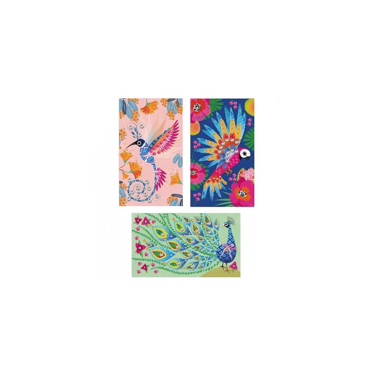 Drei farbenfrohe Kunstkarten mit Schmucksteinen zeigen bunte Vögel auf rosa, blauem und grünem Hintergrund.