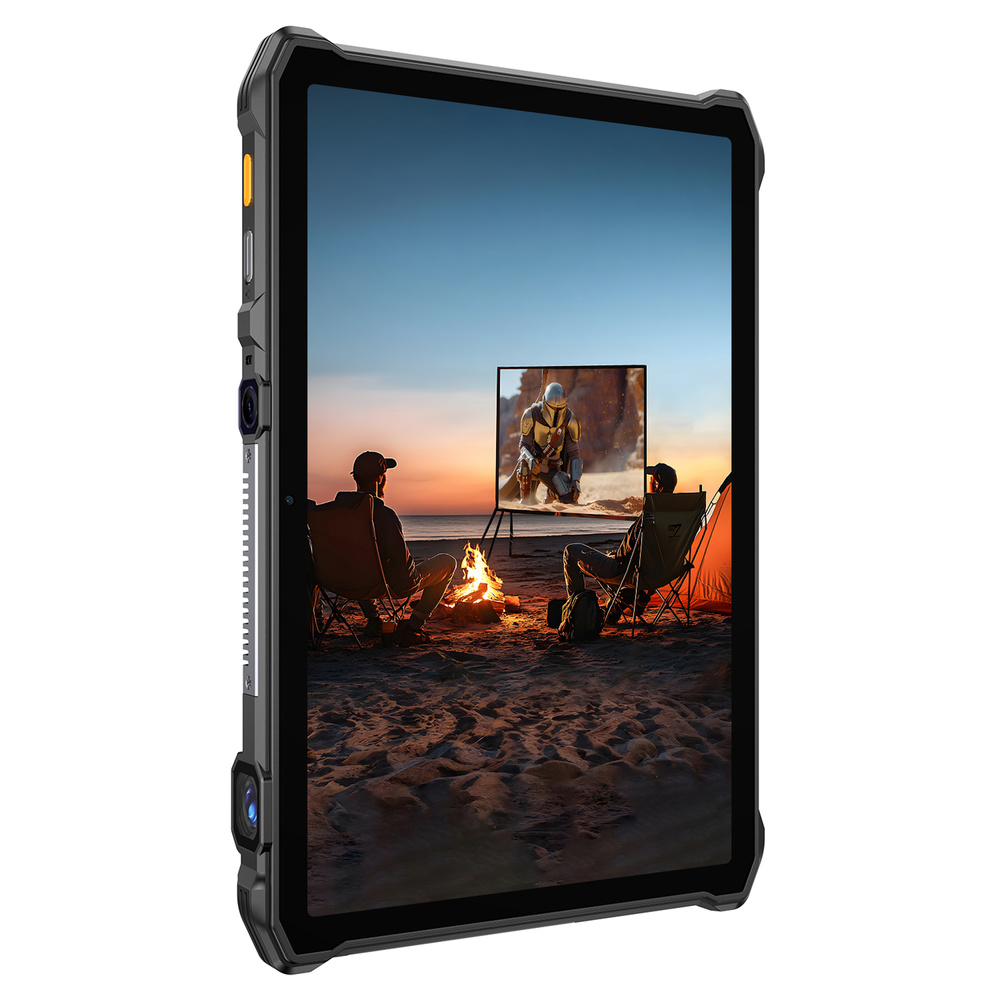 Wytrzymały tablet przedstawia osoby siedzące przy ognisku na plaży i oglądające Star Wars.