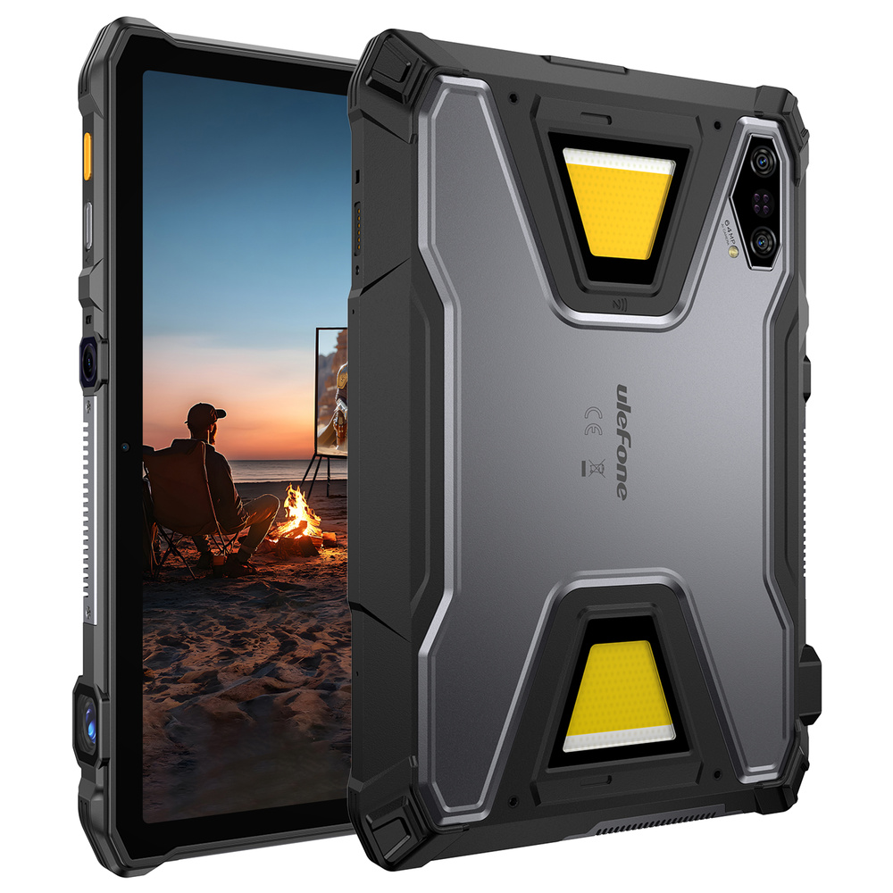 Wytrzymały tablet Ulefone z ekranem i tylną obudową z żółtymi akcentami.