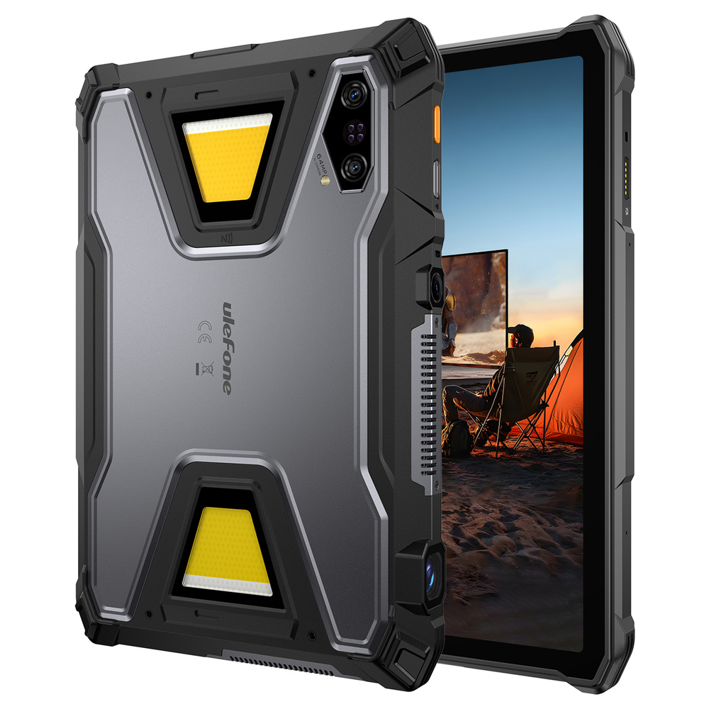 Wytrzymały szaro-czarny tablet Ulefone w etui ochronnym i ekranem z zachodem słońca.