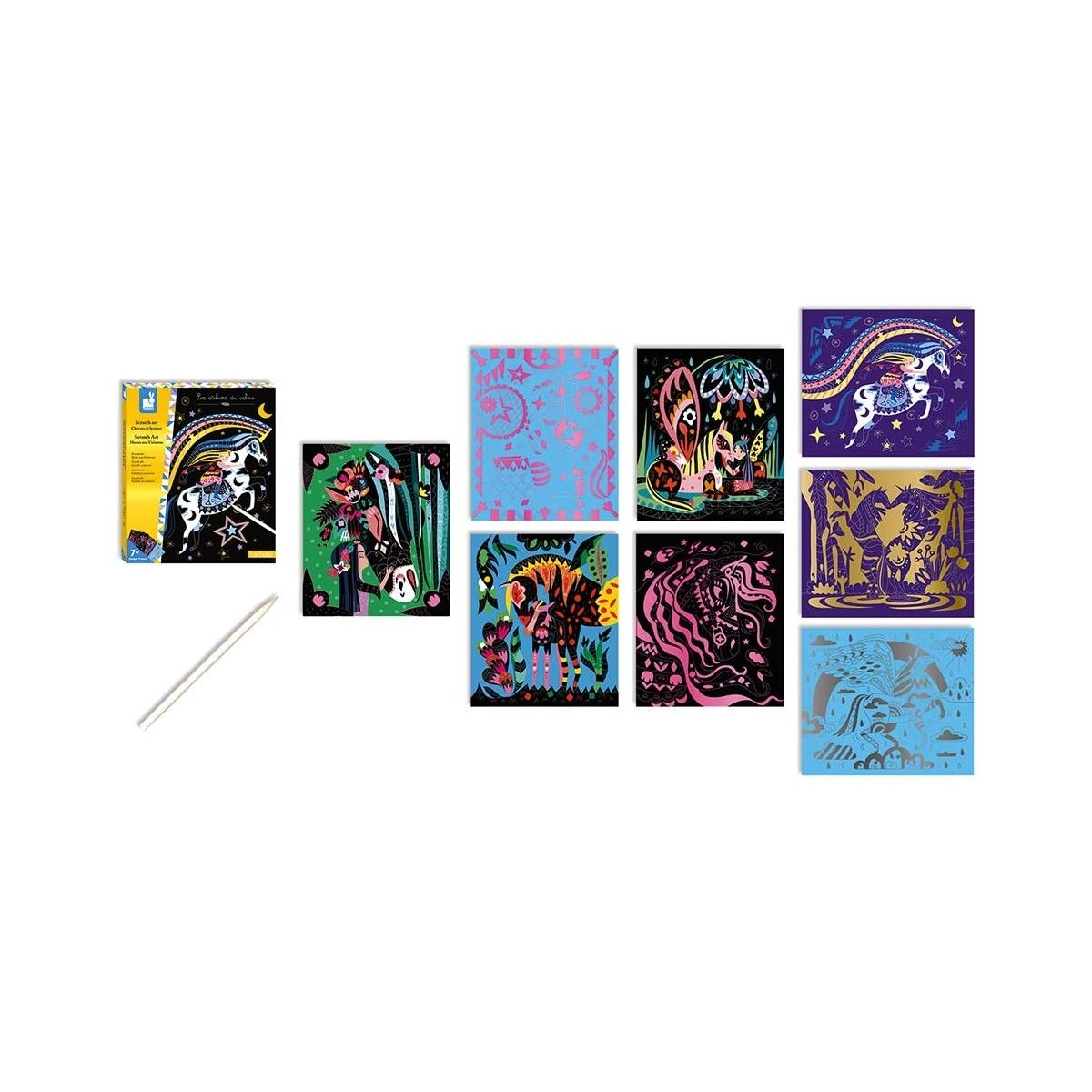 Kratzbild-Set mit Box, Stift und mehreren bunten, mystischen Einhorn-Motiven auf schwarzem und blauem Hintergrund.