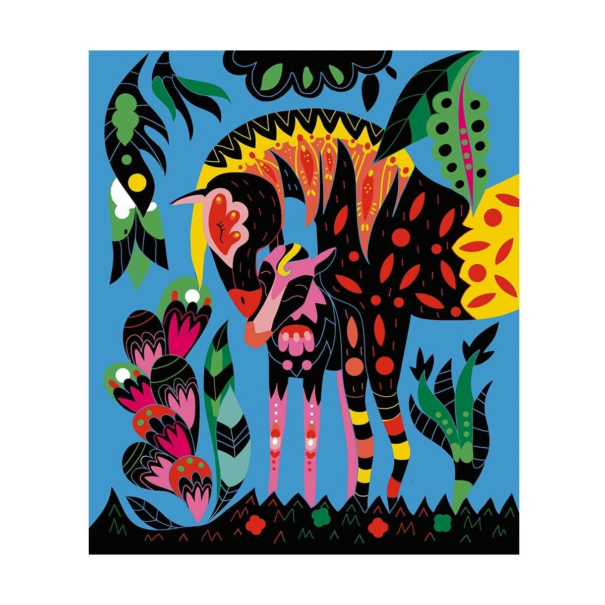 Buntes Kunstwerk mit einer stilisierten Tierfigur, umgeben von floralen Mustern auf blauem Hintergrund.