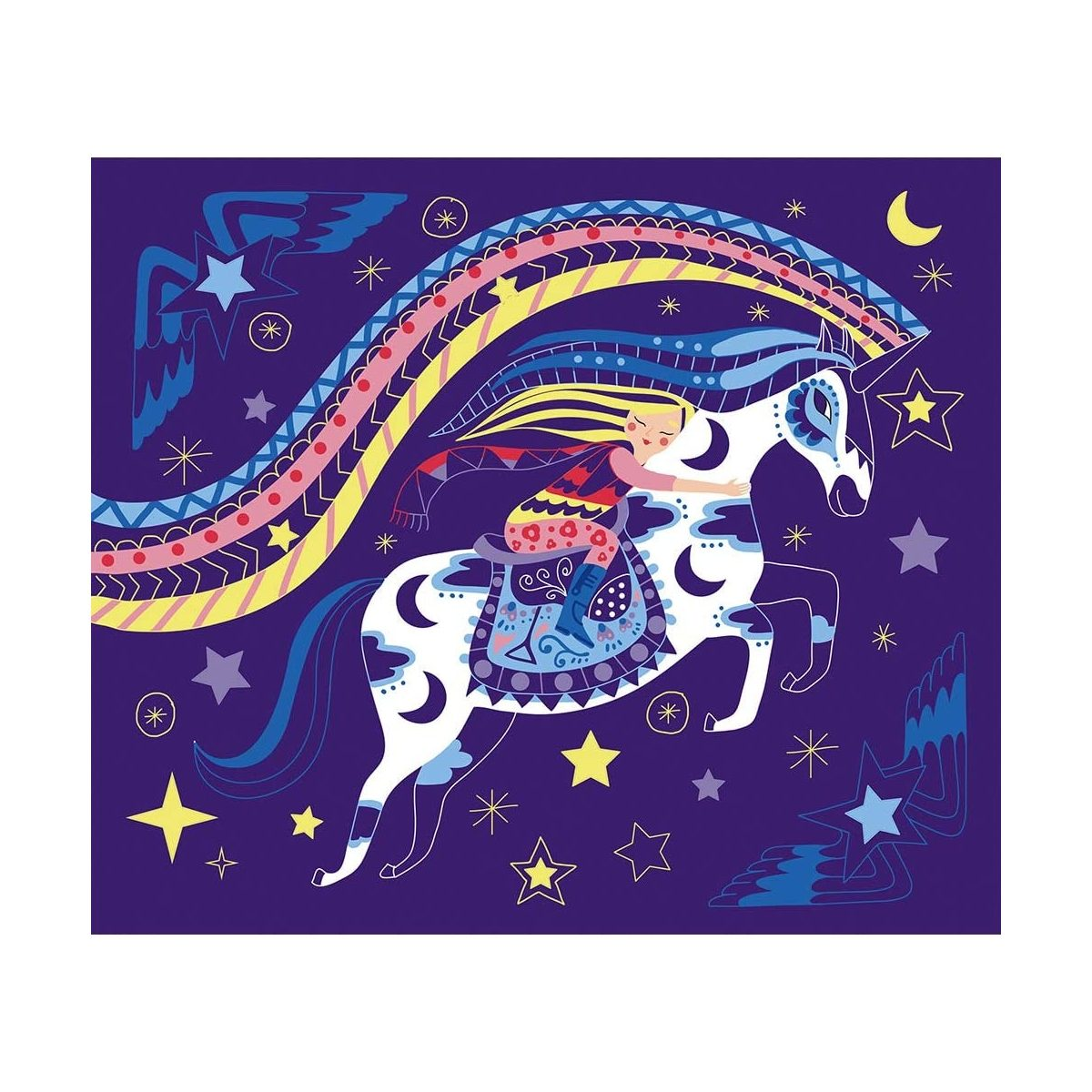 Ein blondes Mädchen reitet auf einem verzierten Einhorn im Nachthimmel voller Sterne und Regenbogenstreifen.