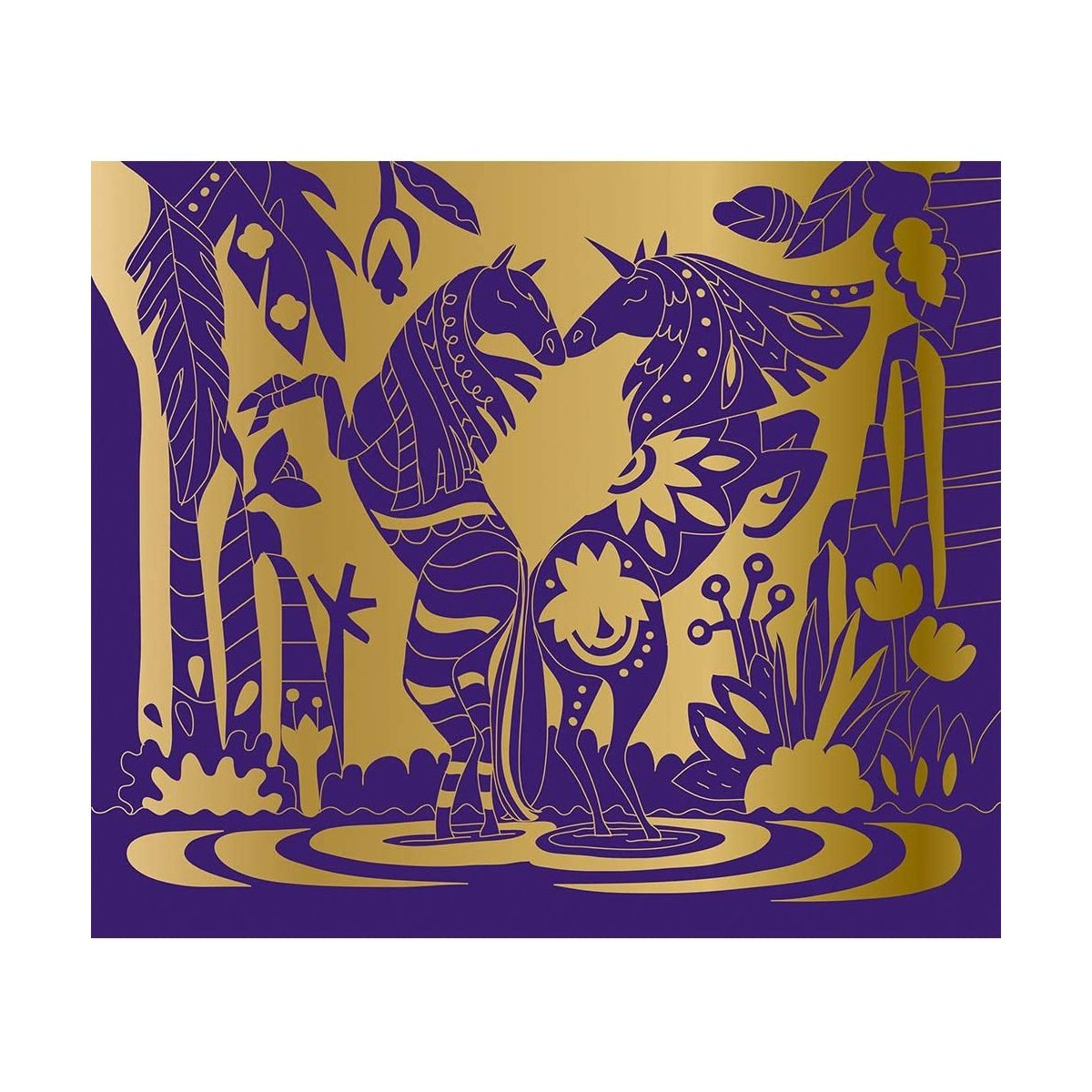 Zwei verzierte violette Pferde stehen im Wasser und blicken sich in einem goldenen Dschungel an.