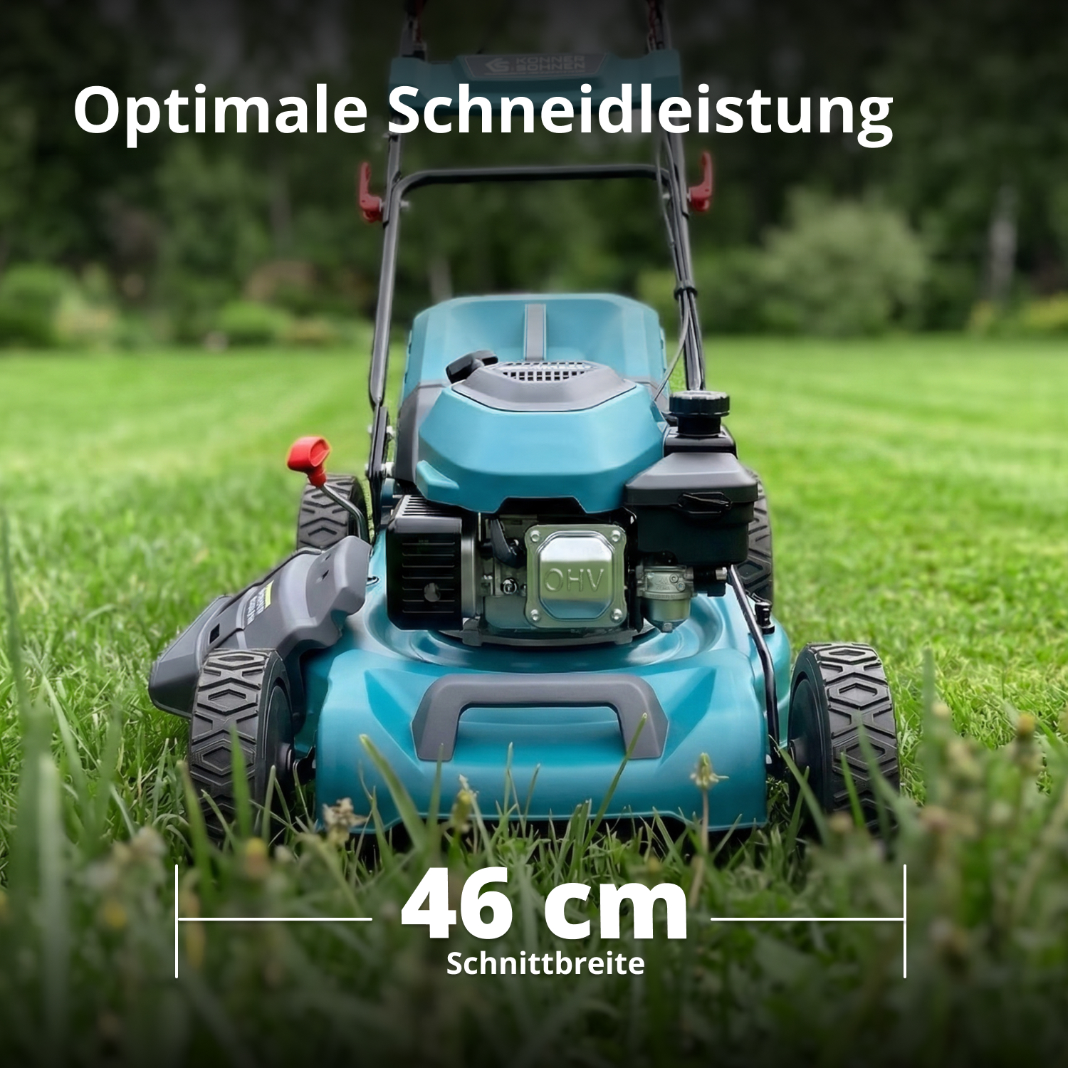 Türkisblauer Benzin-Rasenmäher auf einer grünen Wiese mit der Aufschrift Optimale Schneidleistung und 46 cm Schnittbreite.