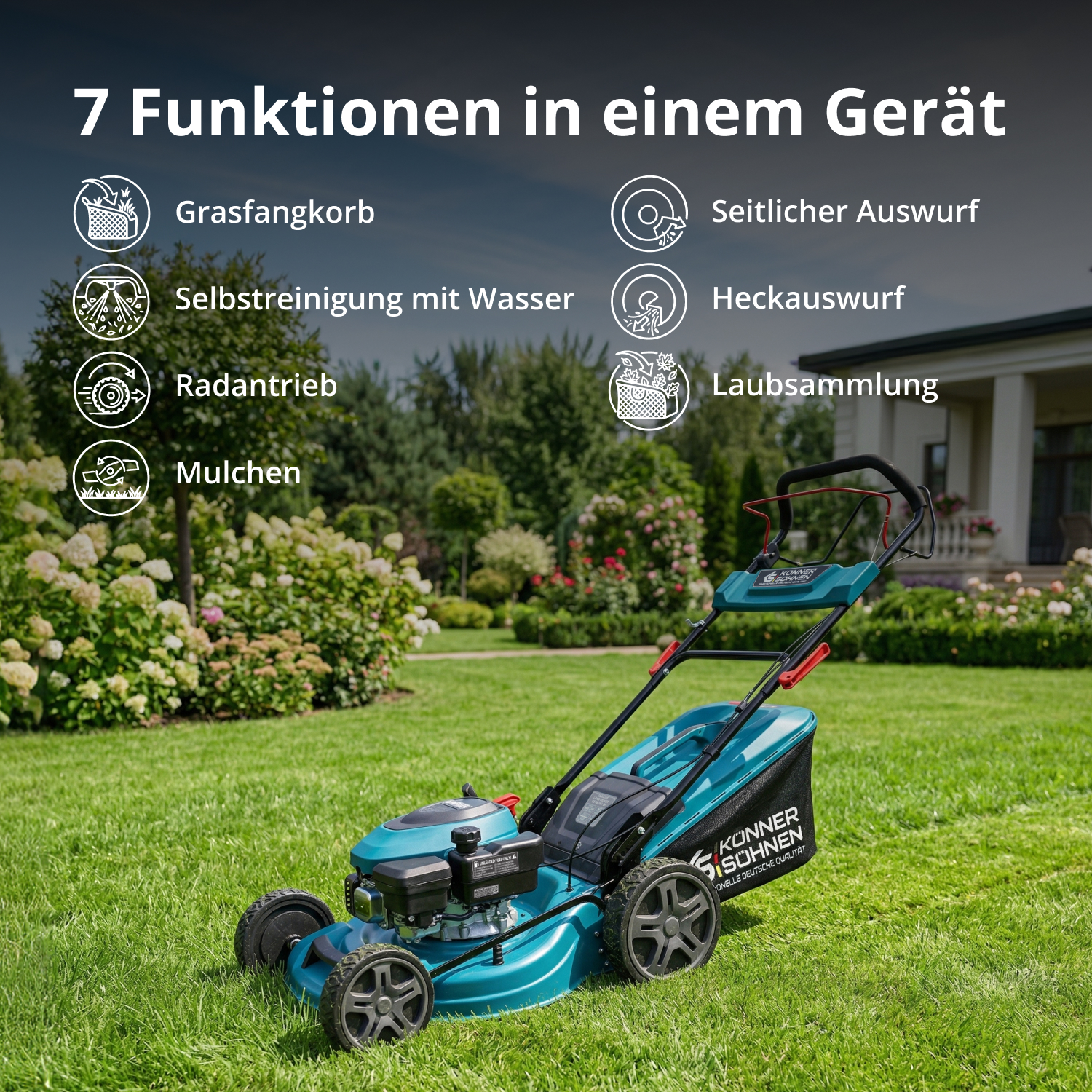 Ein blauer Rasenmäher steht auf einem grünen Rasen vor einem Haus mit Garten.