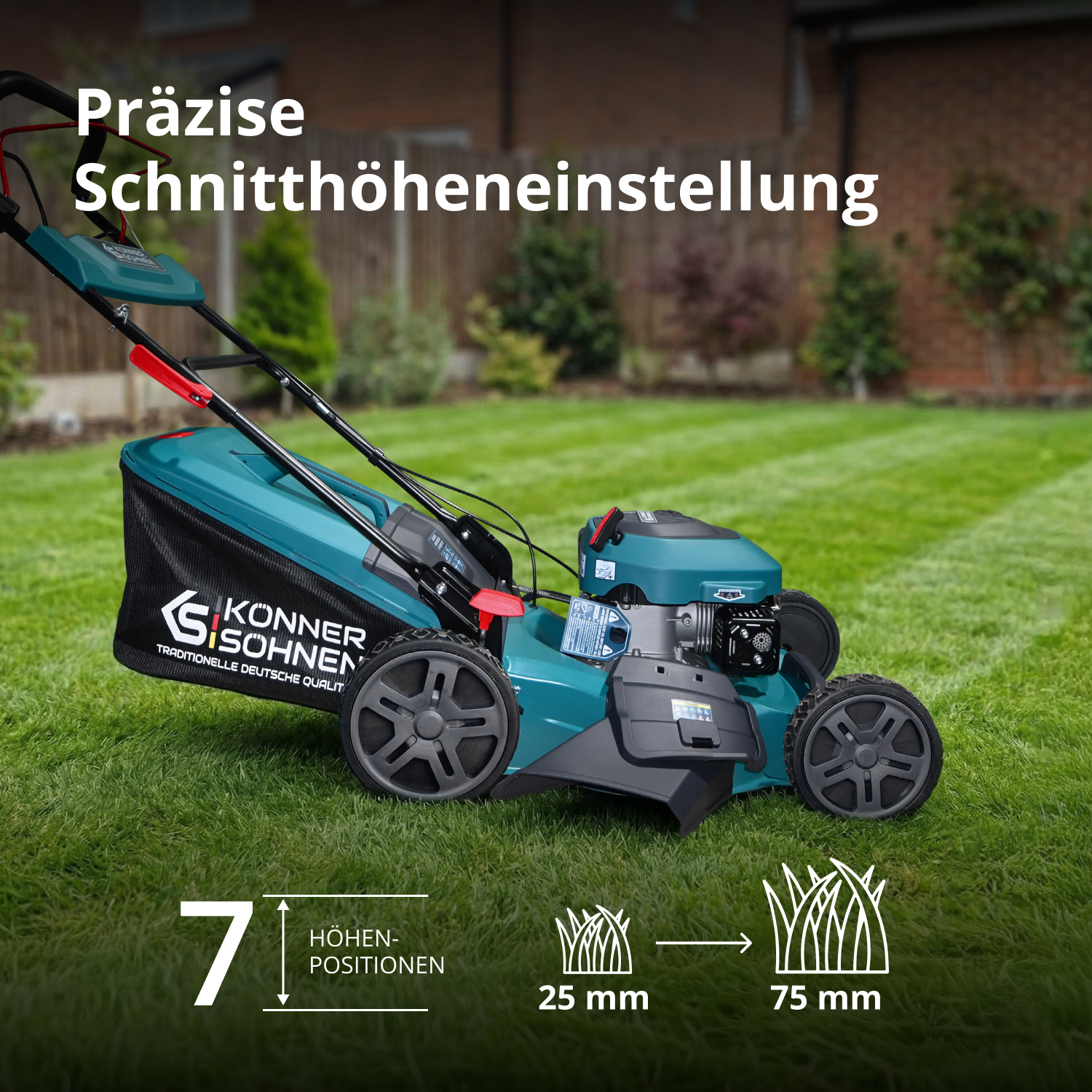 Grüner Rasenmäher von Könner & Söhnen auf grünem Rasen mit Höhenverstellung von 25 bis 75 mm.