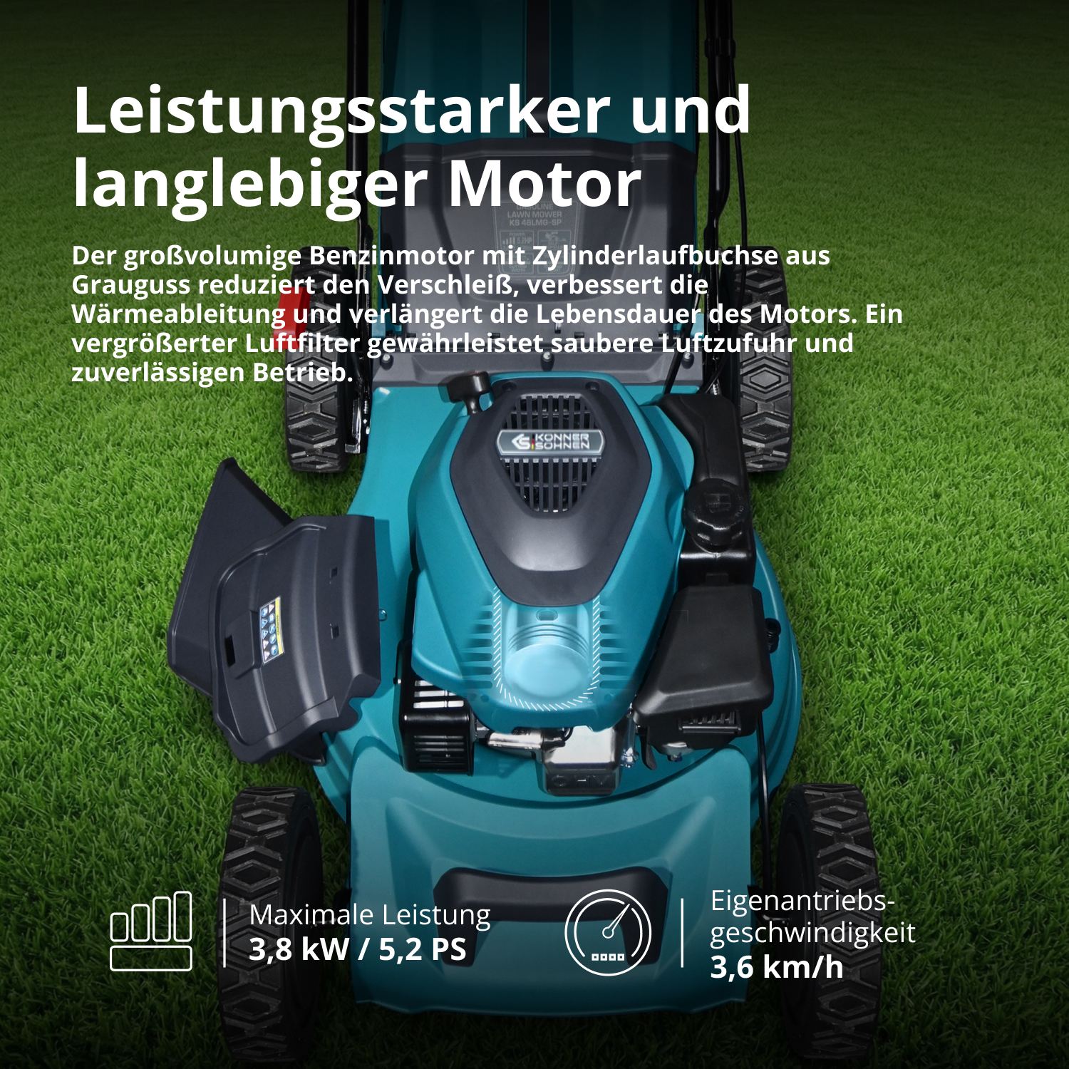Türkisfarbener Benzin-Rasenmäher auf grünem Gras mit deutschen Texten und technischen Daten.
