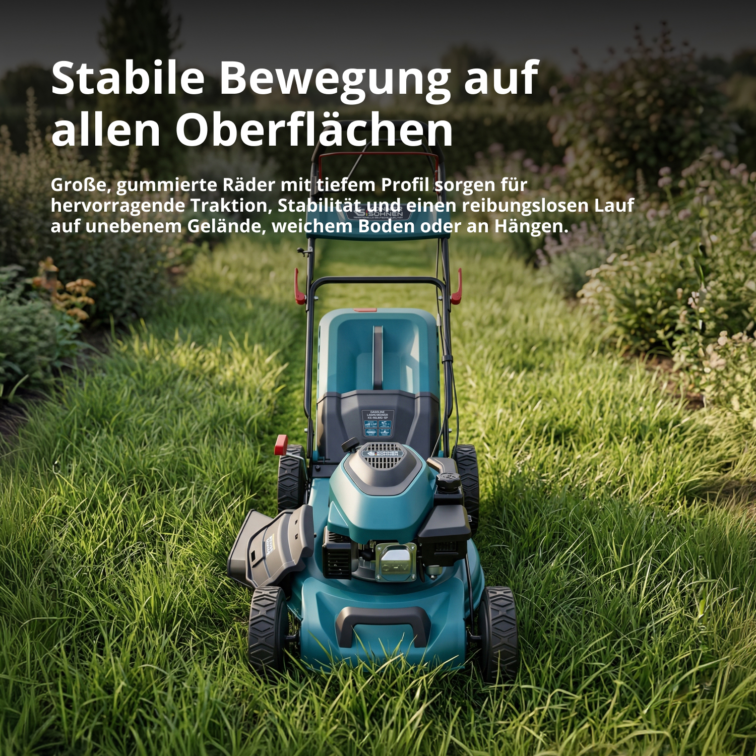 Ein türkisfarbener Rasenmäher steht auf einer grünen Wiese mit Textüberlagerung.