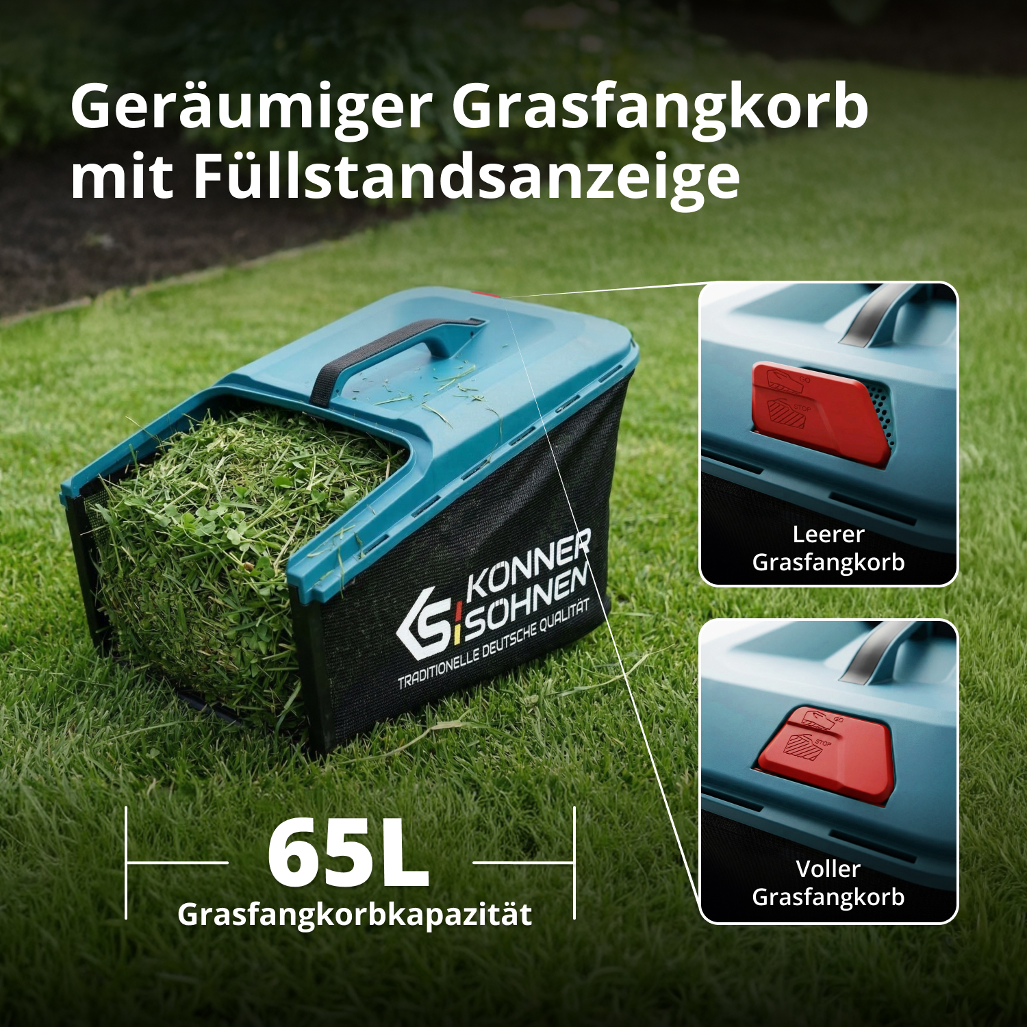 Blauer Konner & Söhnen Grasfangkorb mit 65L Fassungsvermögen und Füllstandsanzeige.