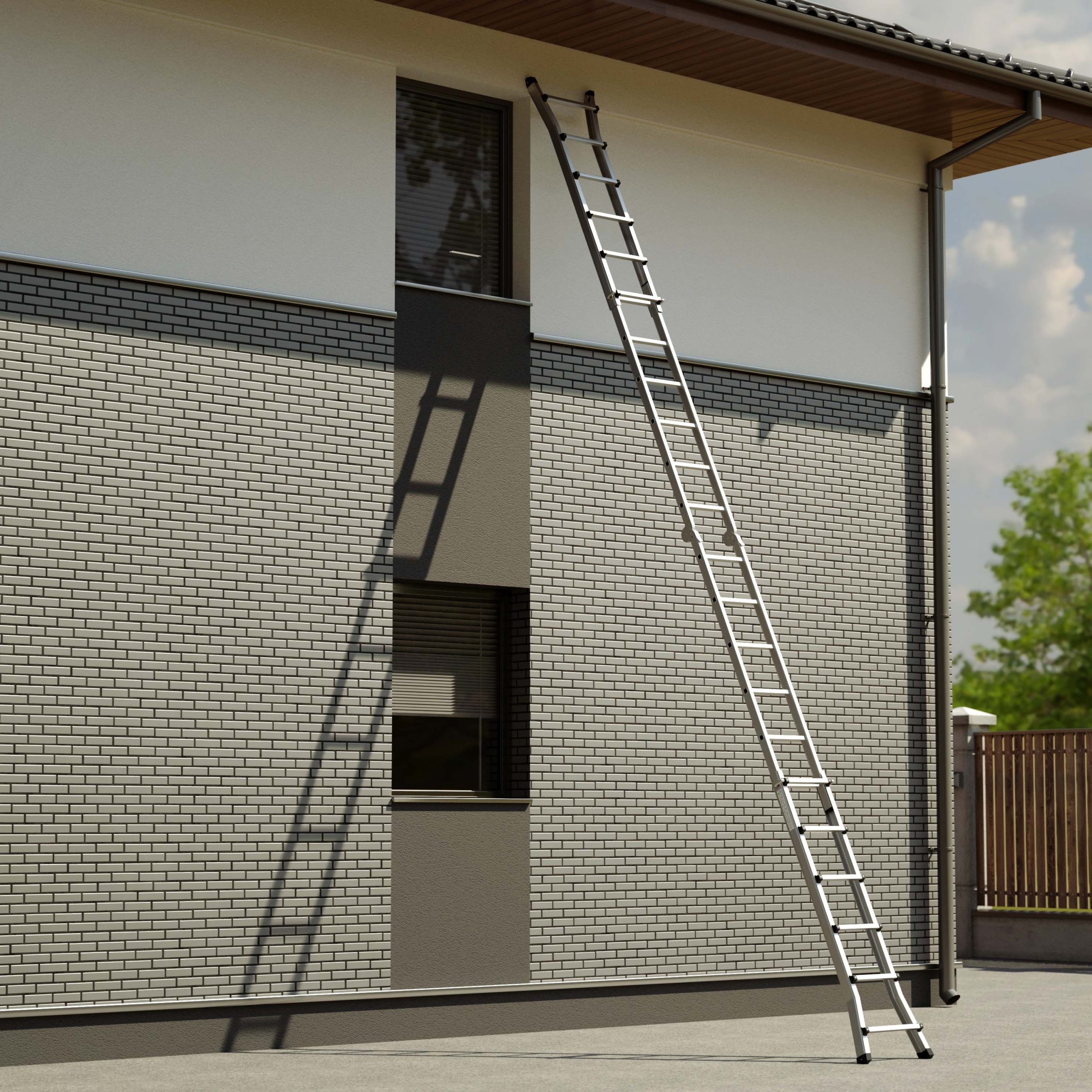 Eine lange Metallleiter lehnt an der grau-weißen Ziegelwand eines Hauses und wirft einen Schatten.