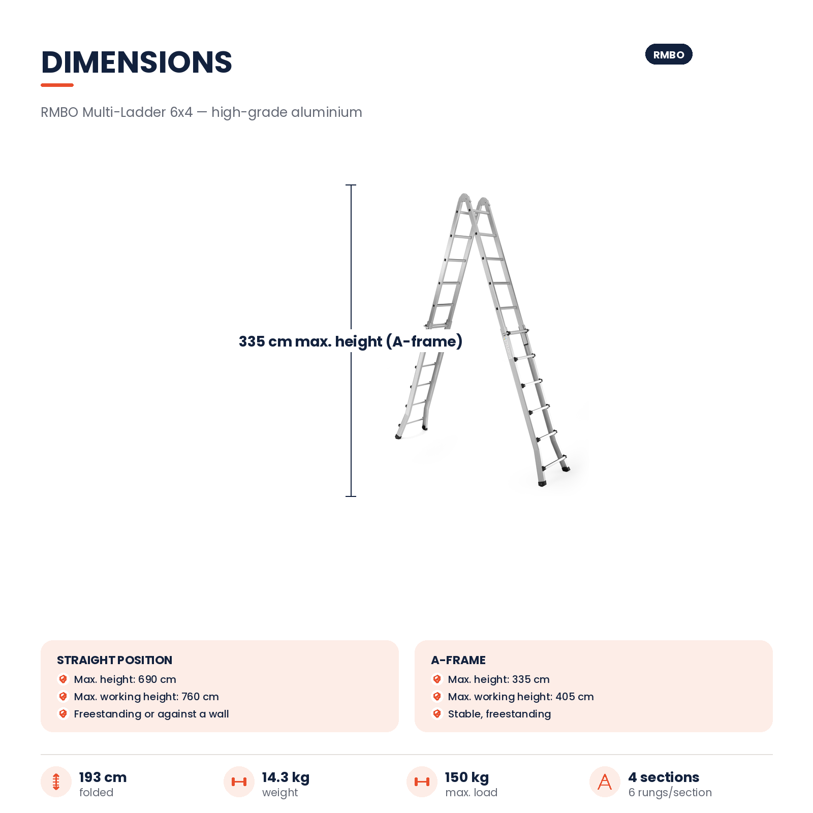 Diagramm der Aluminiumleiterabmessungen, das die A-Rahmen-Höhe von 335 cm, das Gewicht und die Sektionsdetails zeigt.