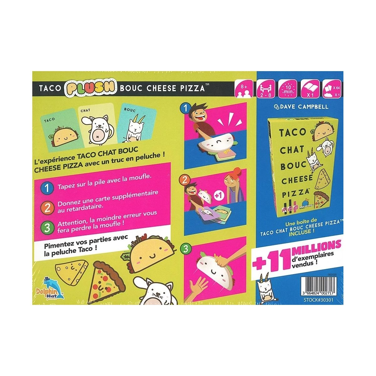 Rückseite der Verpackung des Brettspiels Taco Cat Goat Cheese Pizza mit Spielregeln und Abbildungen.