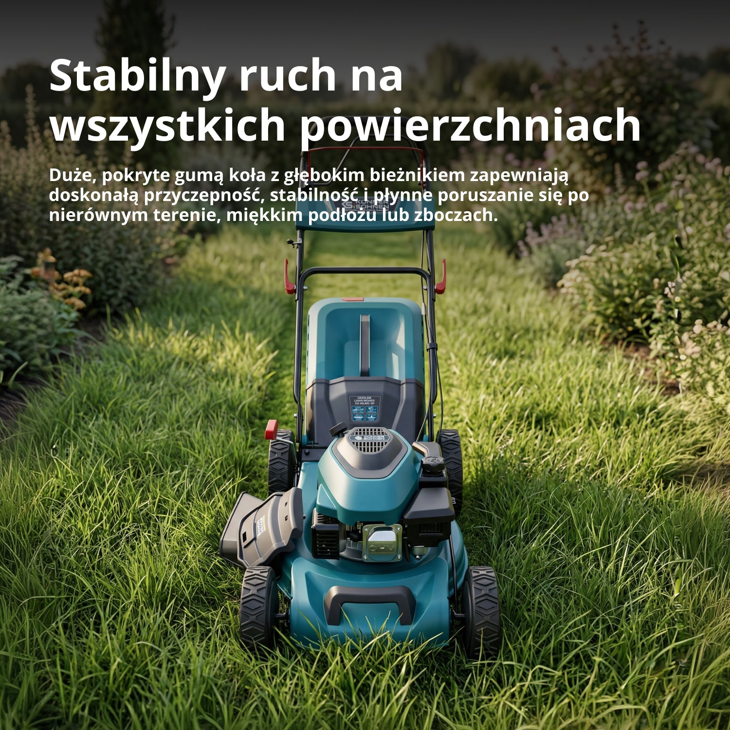 Turkusowa kosiarka stoi na zielonym trawniku z polskim tekstem.