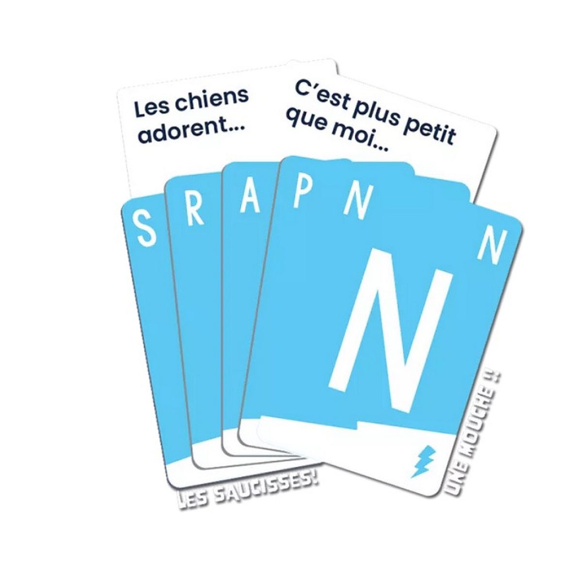 Blaue und weiße Spielkarten mit französischen Texten und Buchstaben.