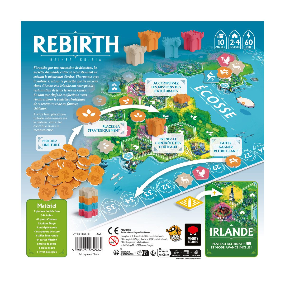 Rückseite der Schachtel des Rebirth-Brettspiels mit grün-blauer Karte, bunten Spielsteinen und Erklärungen.