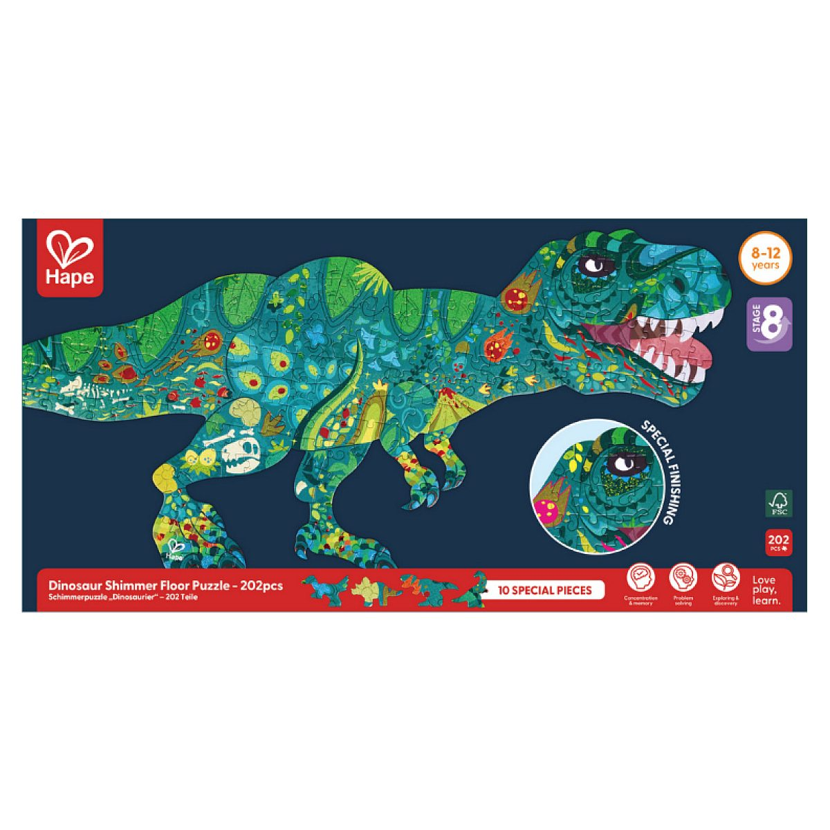 Verpackung eines 202-teiligen Hape Dinosaurier-Bodensickerspuzzles mit grünem T-Rex-Motiv auf blauem Hintergrund.