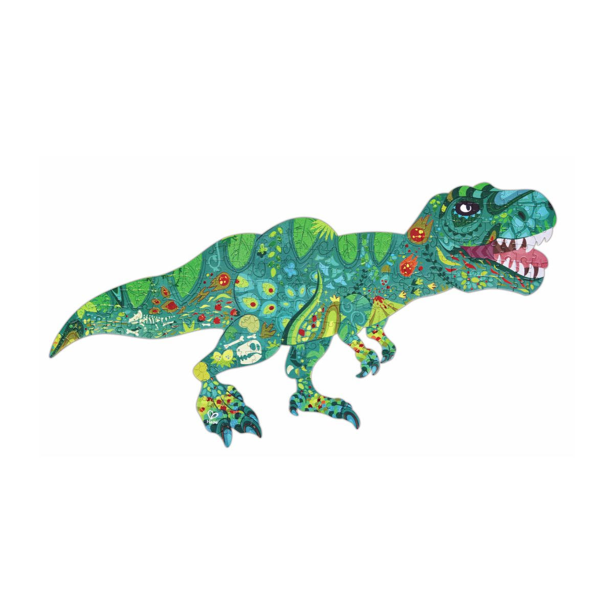 Ein buntes, gruenes Dinosaurier-Puzzle mit fossilen Mustern.