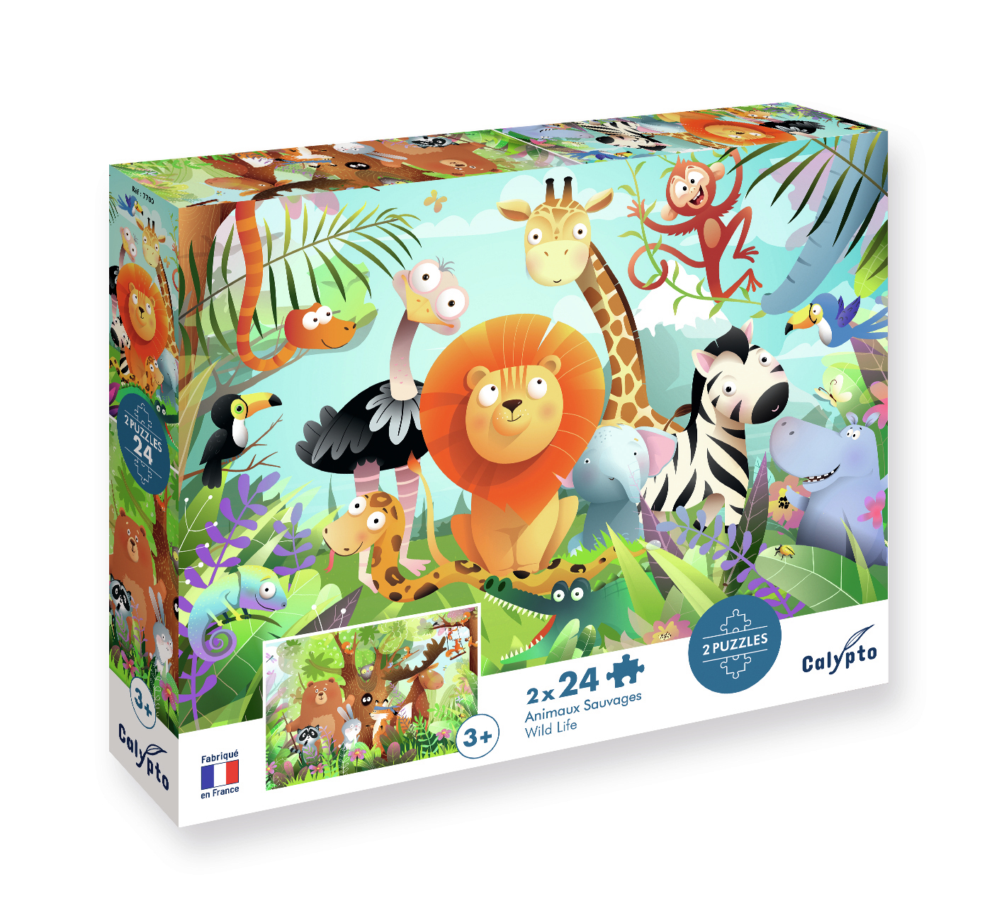 Colorida ilustración de animales de la selva en una caja de rompecabezas.