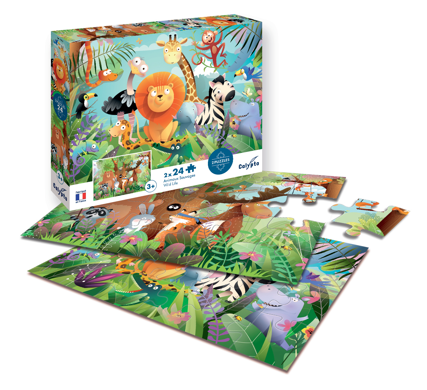 Una caja de puzle infantil y dos puzles armados con animales de la selva en un frondoso bosque verde.