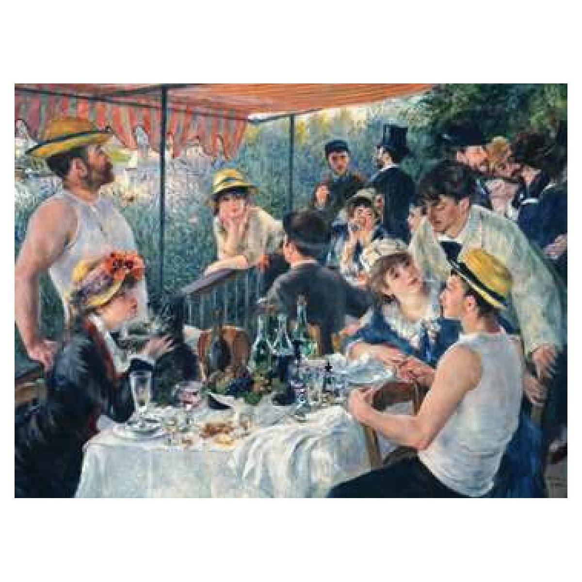 Pintura impresionista de un grupo animado con sombreros disfrutando de una comida en un balcón soleado.