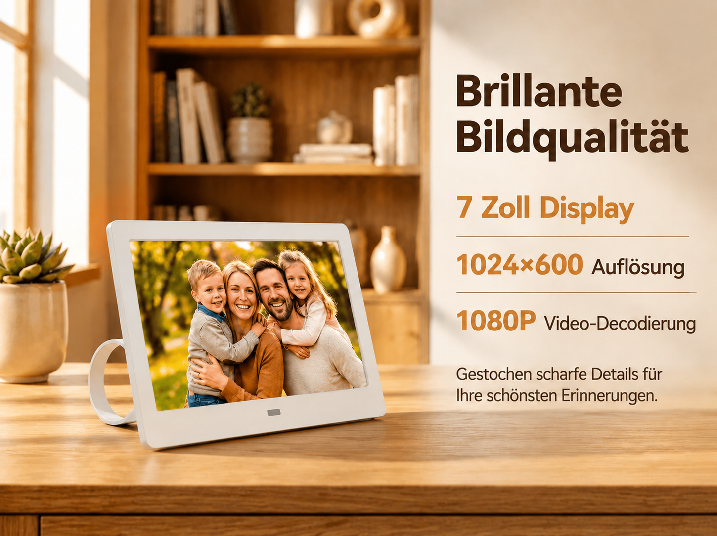 Ein weißer digitaler Bilderrahmen zeigt ein Familienfoto auf einem Holztisch, daneben Werbetext.