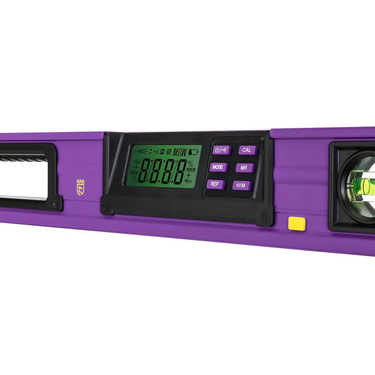 Lila digitale Wasserwaage mit LCD-Display und mehreren Steuertasten auf weißem Hintergrund.