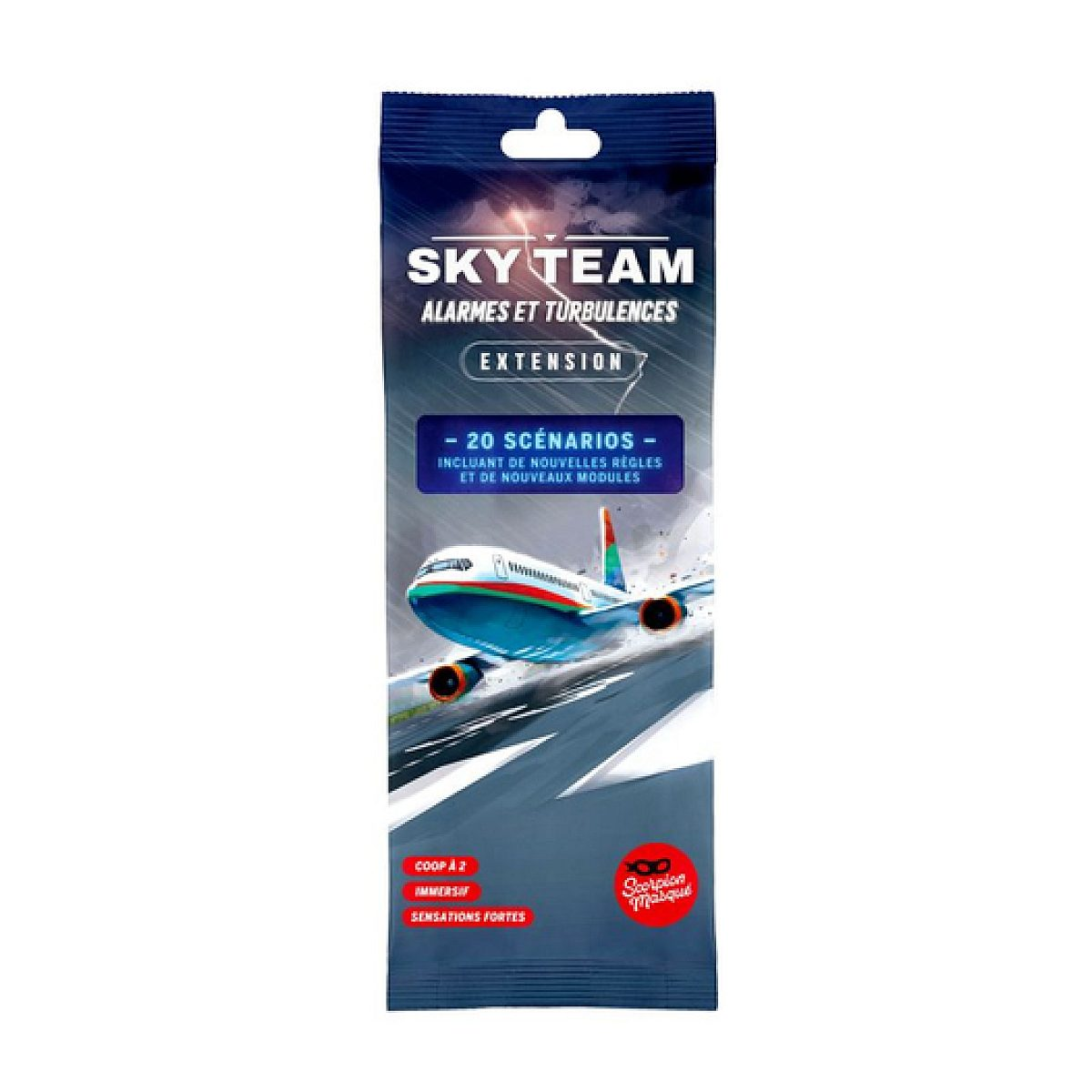 Die Produktverpackung der Sky Team Erweiterung zeigt ein Flugzeug, das durch stürmischen Himmel fliegt.