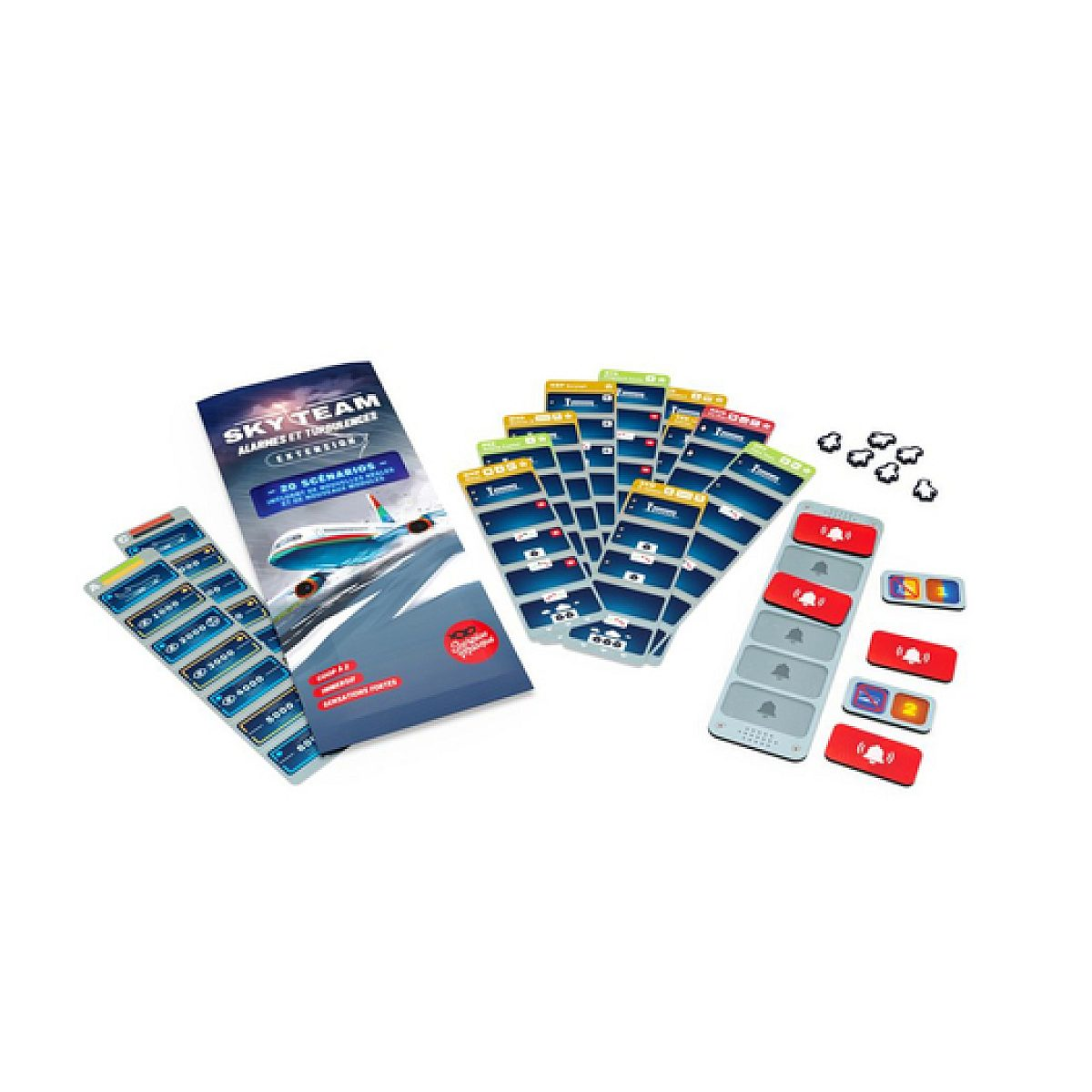 Sky Team Brettspiel-Erweiterung mit Karten, Handbuch, roten Alarmplättchen und kleinen schwarzen Spielfiguren.