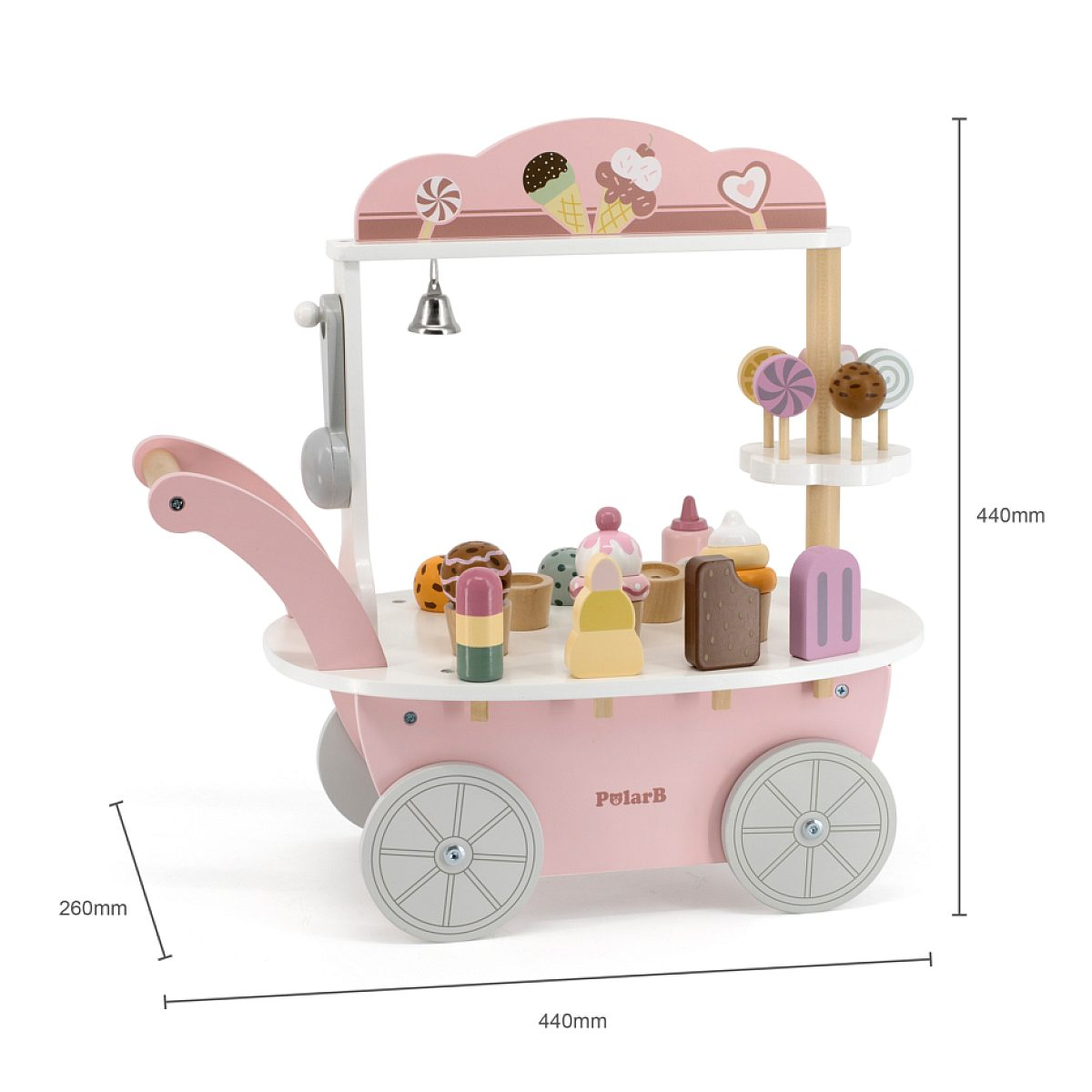 Rosa-weißer Holzspielzeug-Eiswagen mit bunten Eissorten, Lollipops und Maßangaben.