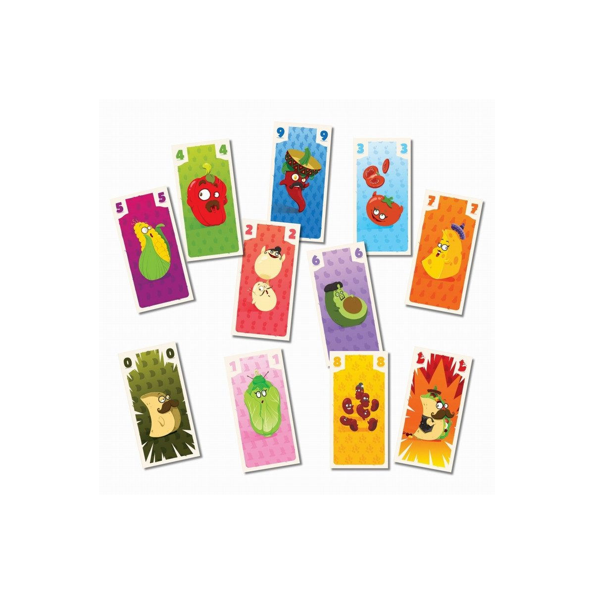 Verschiedene farbige Spielkarten mit niedlichen Cartoon-Gemüsefiguren auf weißem Hintergrund.