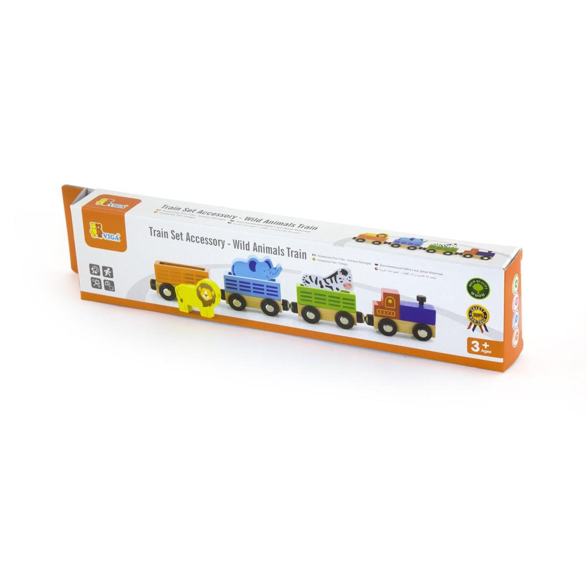 Eine Spielzeug-Holzeisenbahn mit Tierfiguren in einer bunten Verpackung auf weißem Hintergrund.