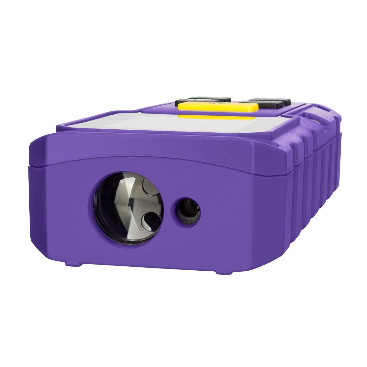 Ein violettes digitales Lasermessgerät mit schwarzem Gehäuse und gelben Tasten auf weißem Hintergrund.