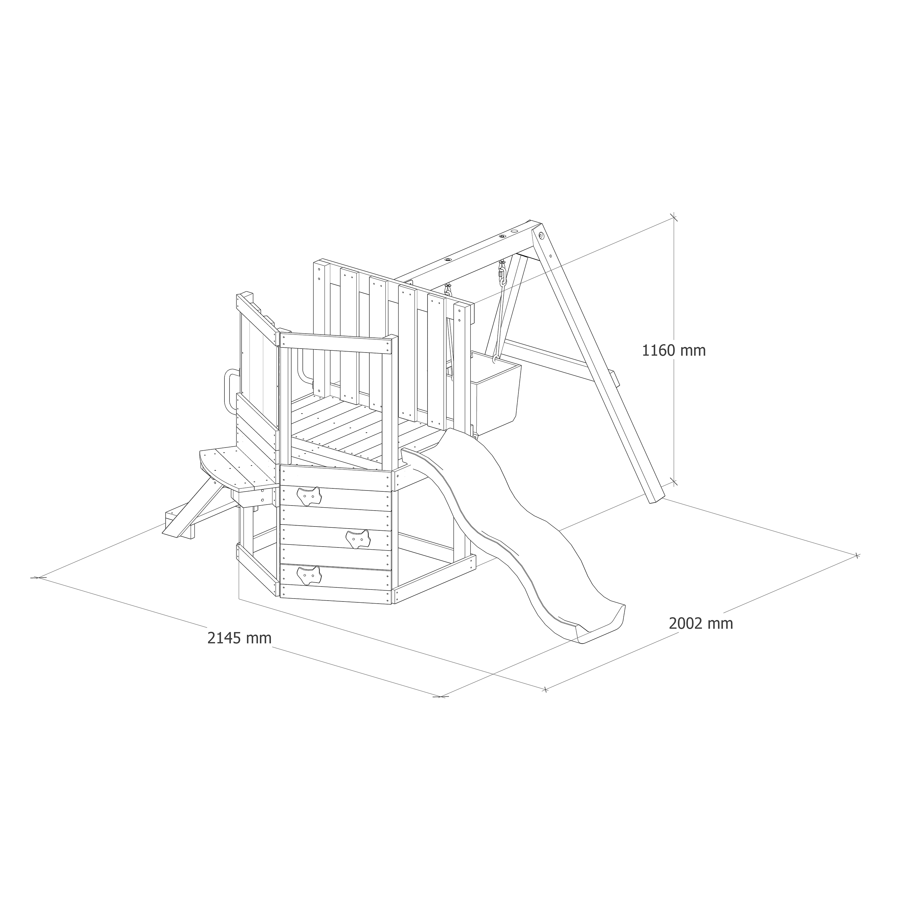 Technische Zeichnung eines Holzspielplatzes mit Rutsche, Kletterwand und Schaukel samt Maßangaben.