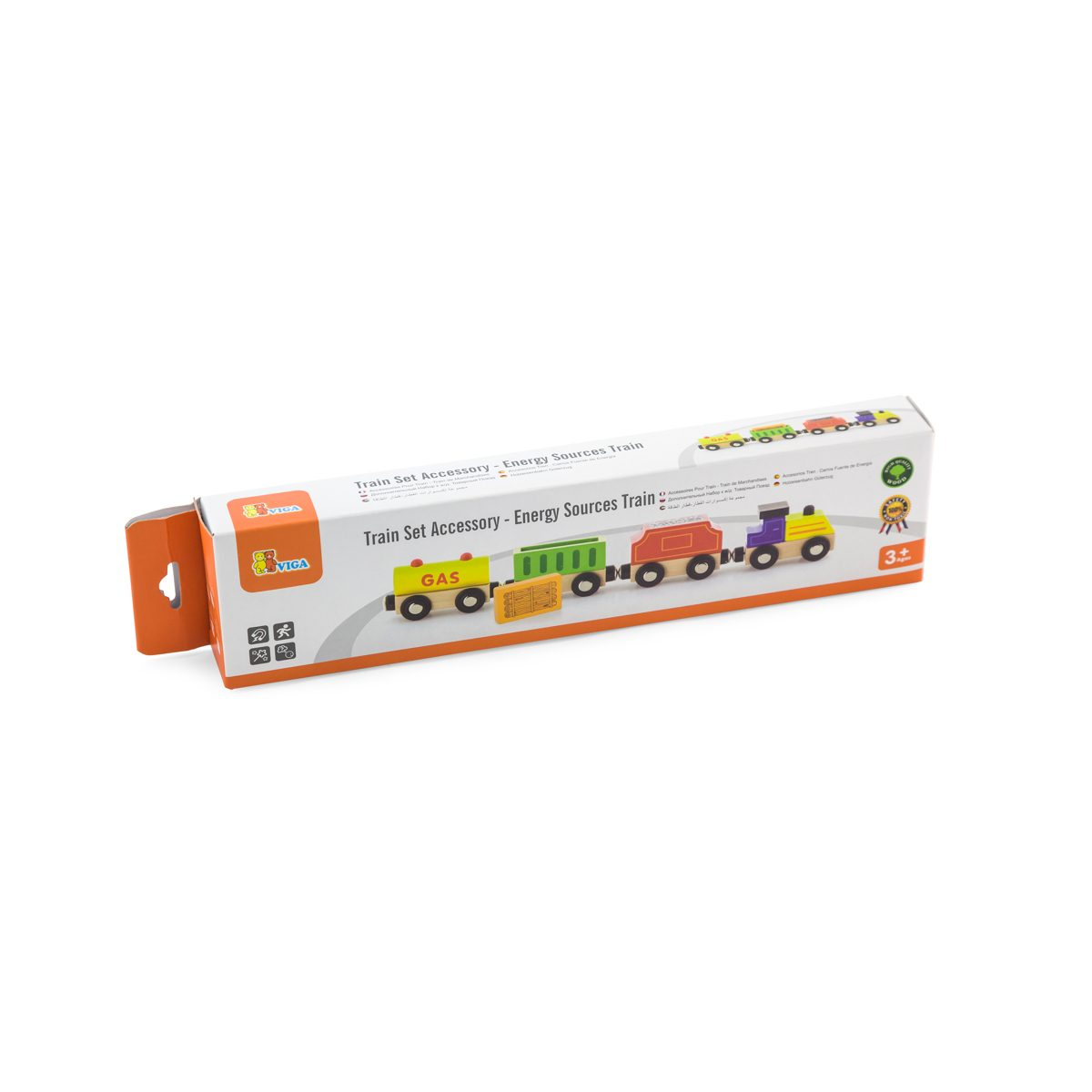 Eine lange, weiße und orangefarbene Verpackung für einen hölzernen Energieträger-Zug mit bunten Waggons.
