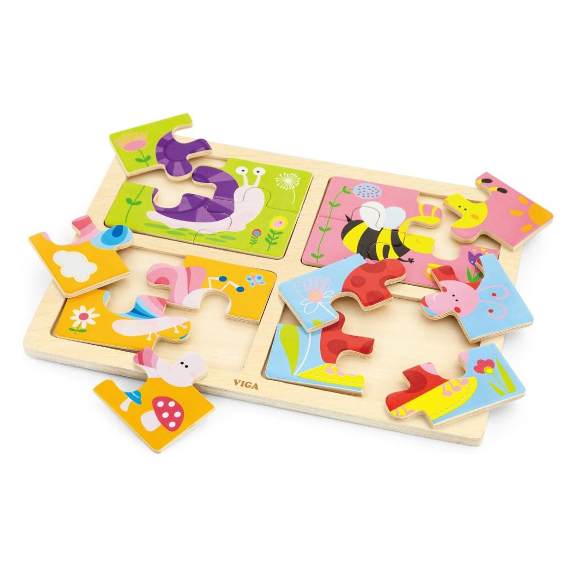 Buntes Holzmiau-Puzzle mit vier Insektenmotiven und herausgelösten Puzzleteilen auf weißem Grund.