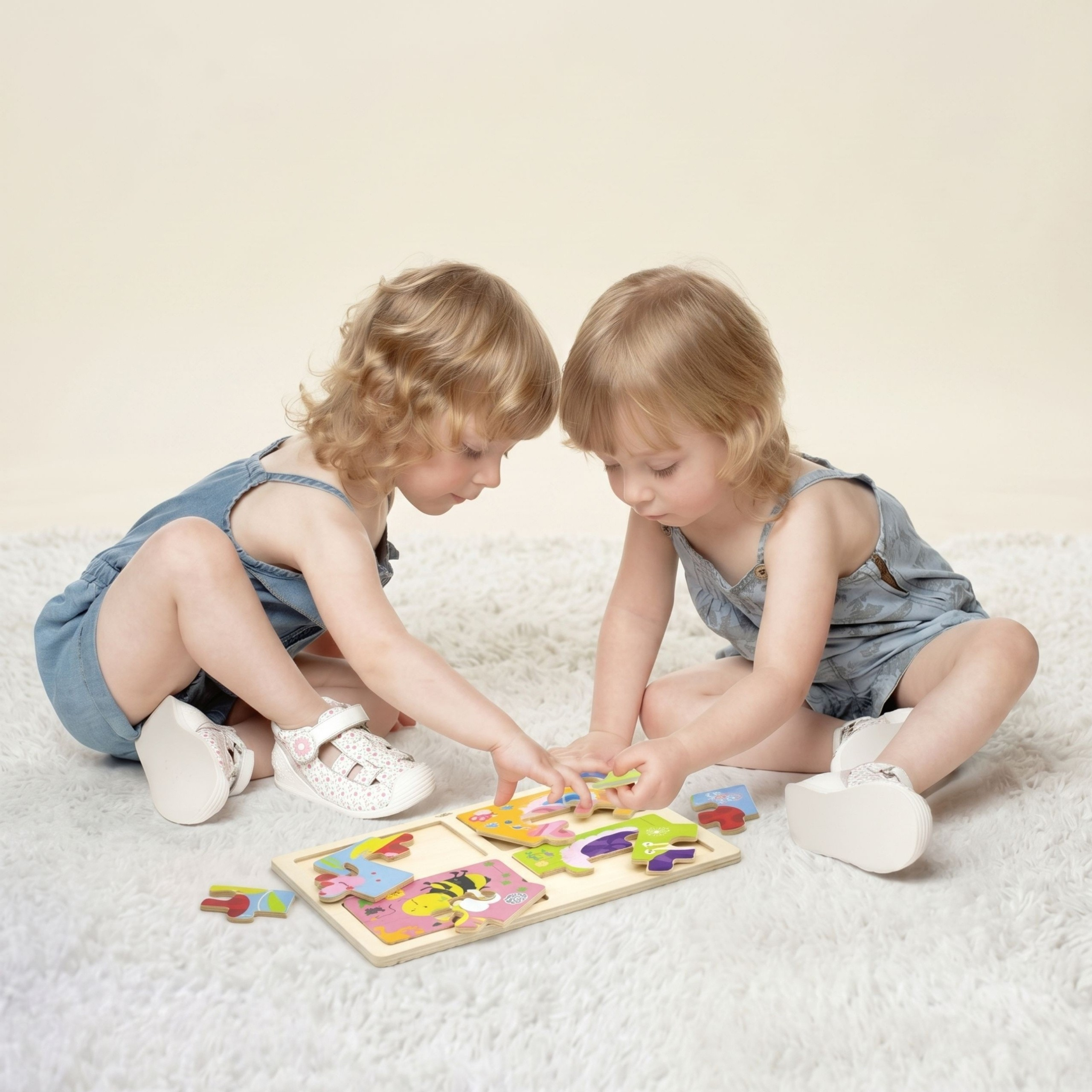 Zwei Kleinkinder in blauen Overalls sitzen auf einem weißen Teppich und lösen gemeinsam ein Holzmosaik.