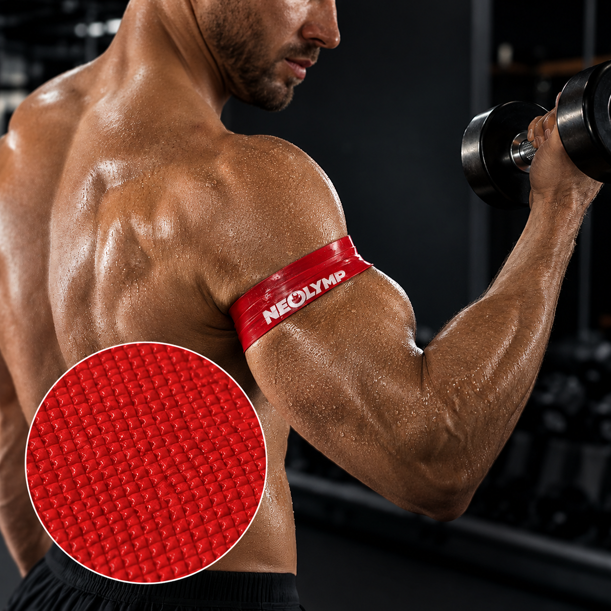 Ein muskulöser Mann im Fitnessstudio hebt eine Hantel und trägt ein rotes Neolymp-Armband mit strukturierter Nahaufnahme.