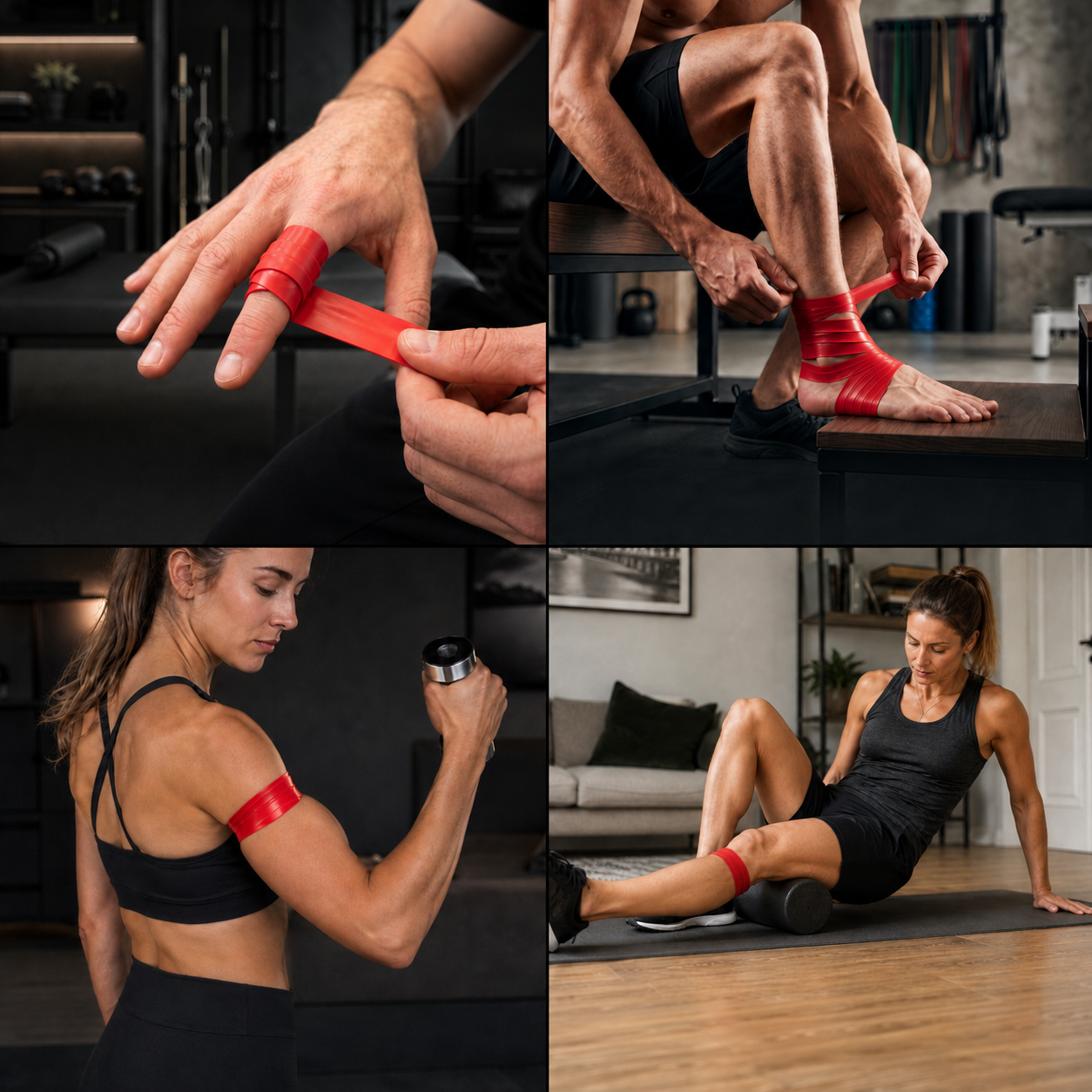 Vier Bilder von Personen, die sich mit roten Fitnessbändern und einer Faszienrolle behandeln.