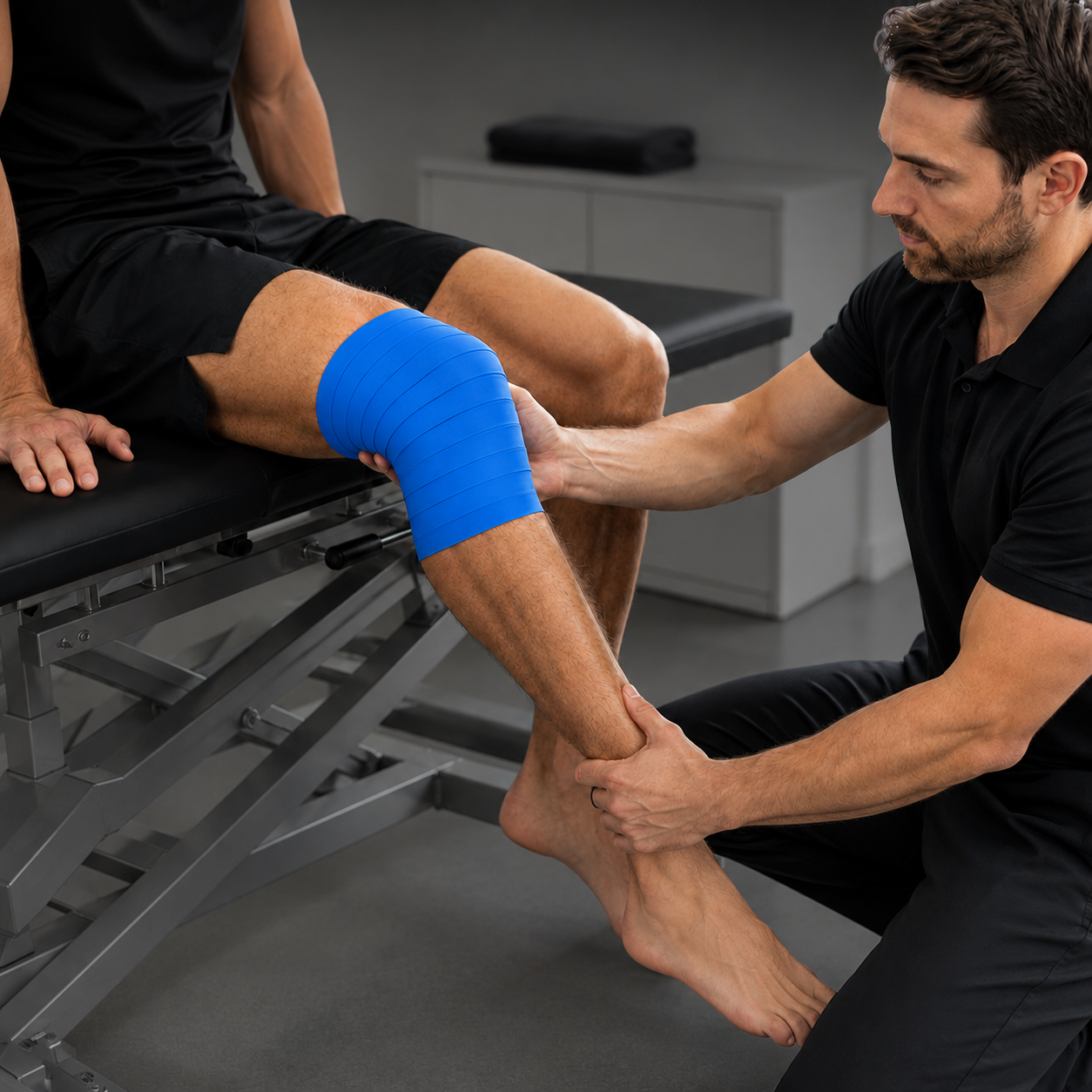 Ein Physiotherapeut legt einem sitzenden Patienten einen blauen Kinesiotape-Verband um das Knie.